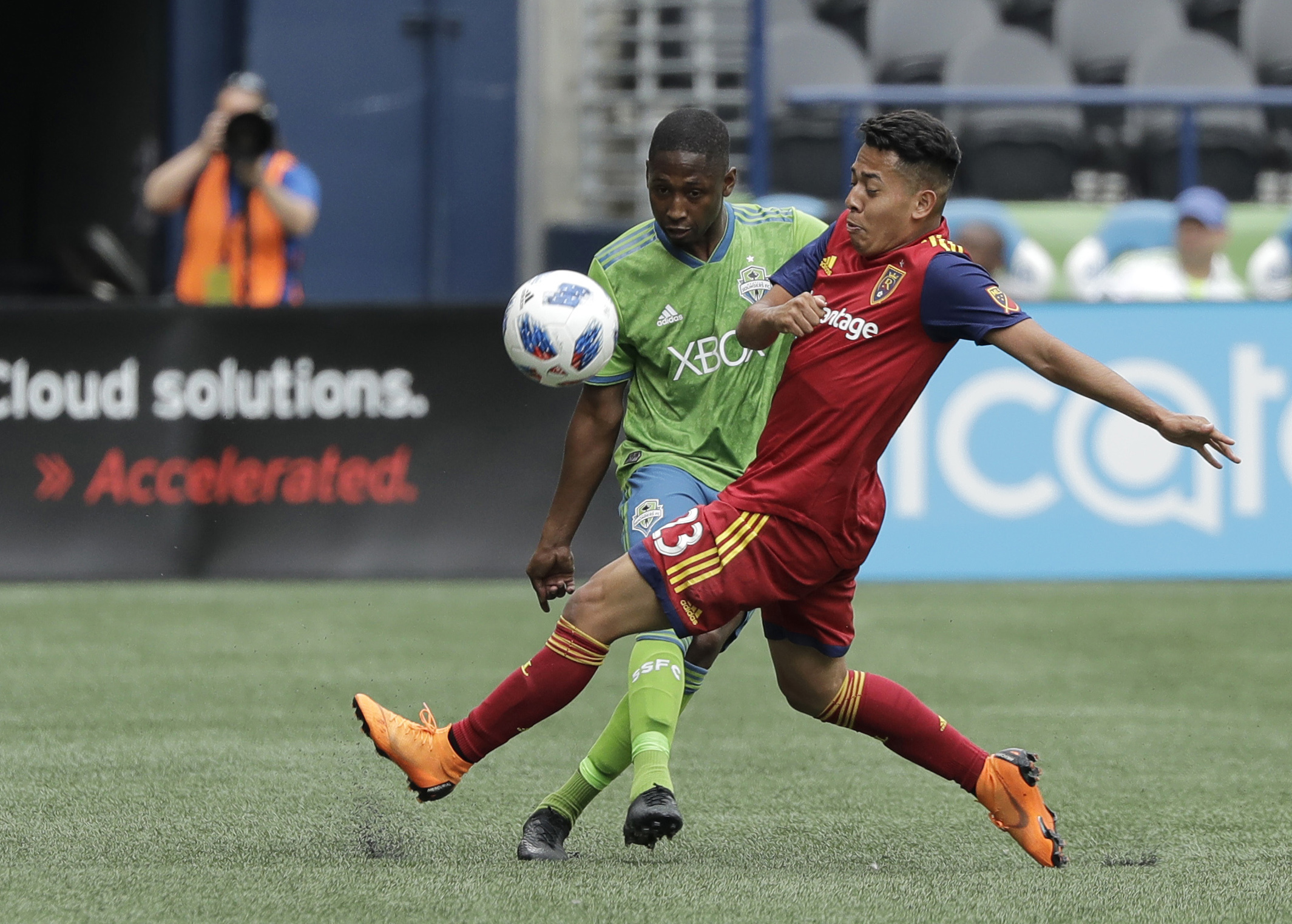 Real Salt Lake midfielder Sebastian Saucedo, right, challenges Seattle Sounders defender Kelvin Leerdam during the second half of an MLS soccer match Saturday, May 26, 2018, in Seattle. Real Salt Lake won 1-0. (Photo: Ted S. Warren, AP)