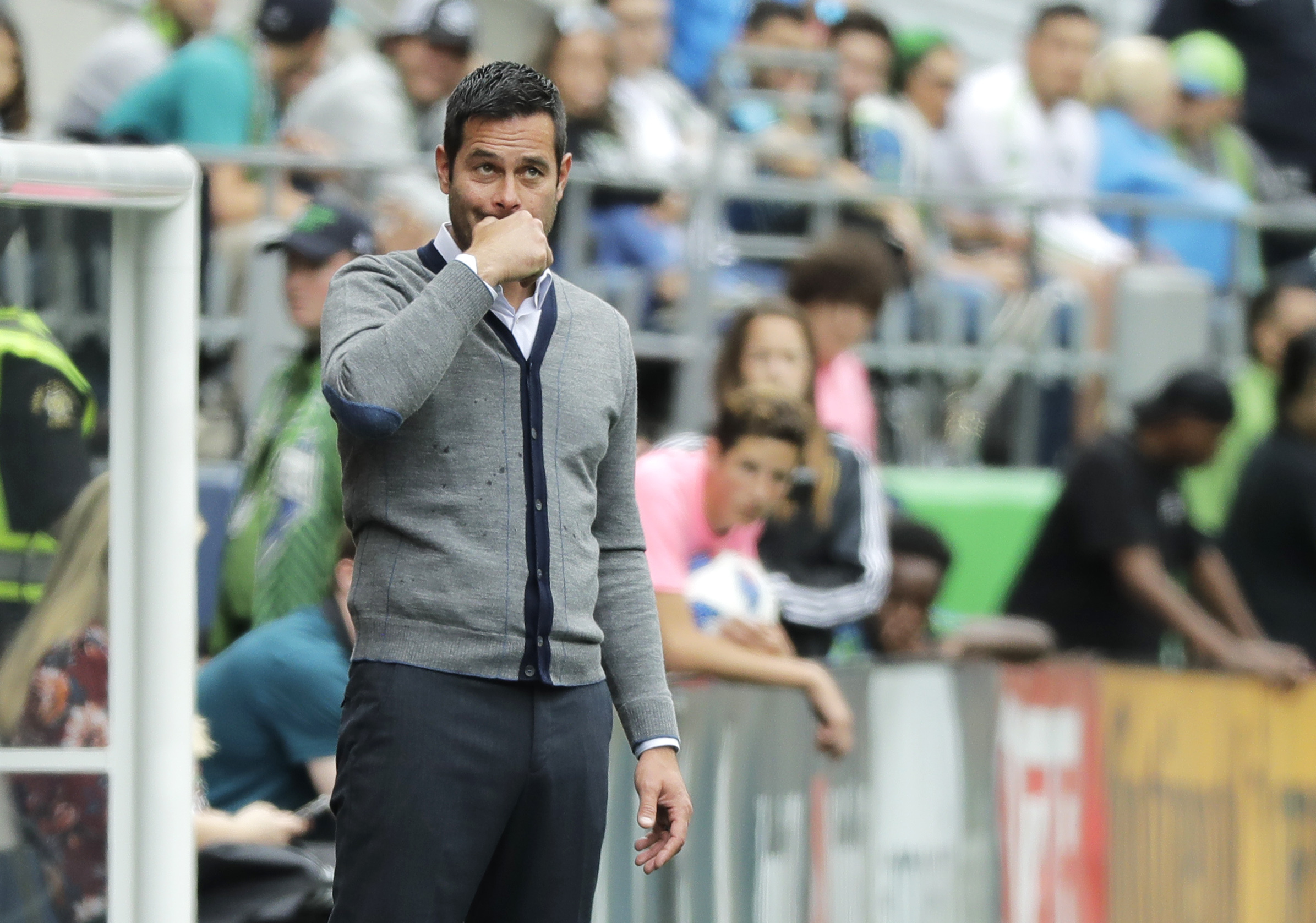 Real Salt Lake coach Mike Petke watches from the sideline during the second half of the team's MLS soccer match against the Seattle Sounders, Saturday, May 26, 2018, in Seattle. Real Salt Lake won 1-0. (Photo: Ted S. Warren, AP)