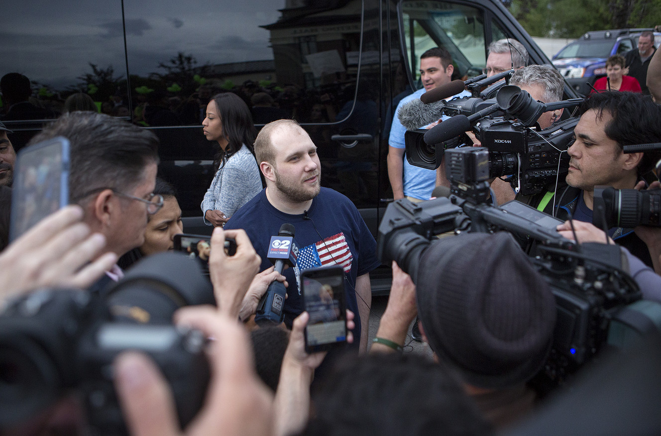 Josh Holt speaks to the media after stepping out of the van during a welcome-home event at Riverton City Park in Riverton, Utah, Monday, May 28, 2018. (Photo: James Wooldridge, KSL)