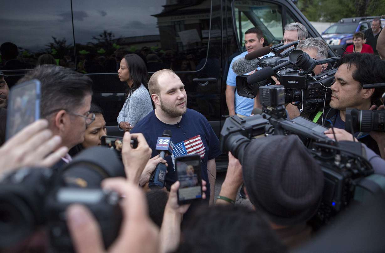 Josh Holt speaks to the media after stepping out of the van during a welcome-home event at Riverton City Park in Riverton, Utah, Monday, May 28, 2018. (Photo: James Wooldridge, KSL)