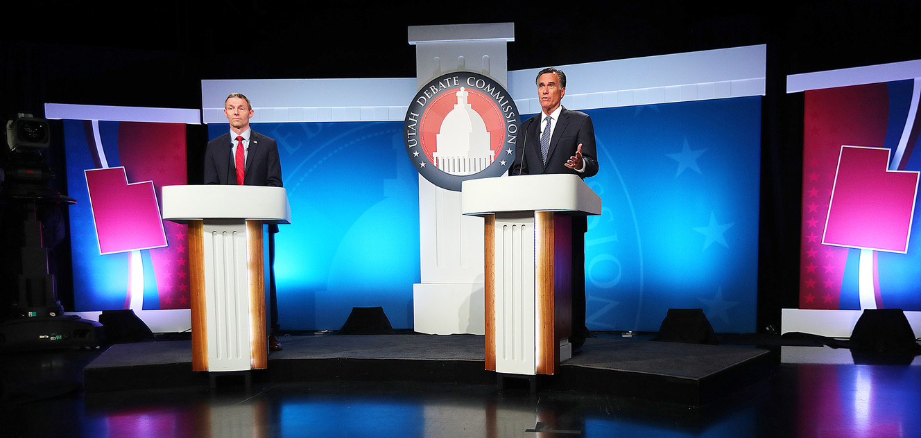 Utah Rep, Mike Kennedy and former Massachusetts Gov. Mitt Romney at a debate between the two Republican candidates vying for a primary victory in the race for U.S. Senate in Provo on Tuesday, May 29, 2018. (Photo: Scott G Winterton, KSL)