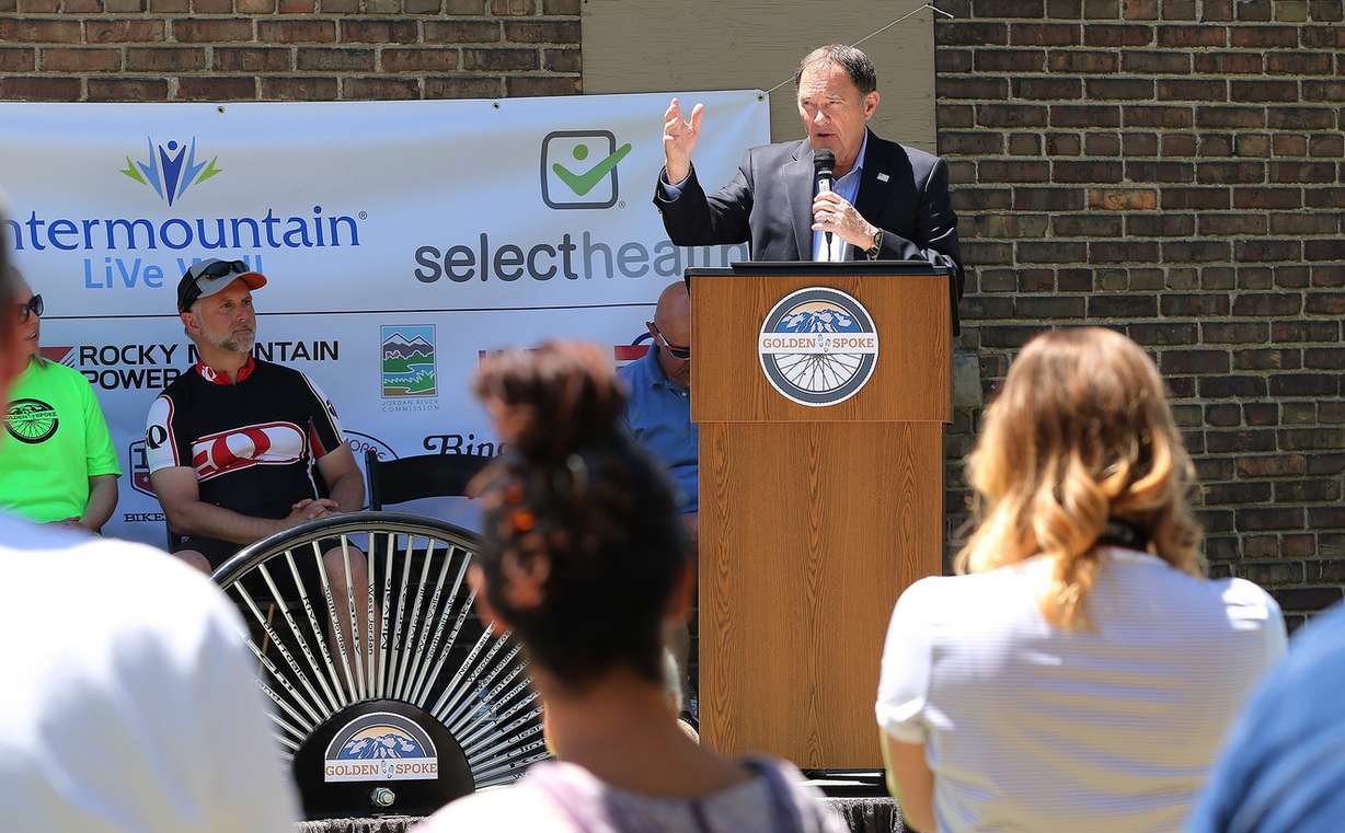 Gov. Gary Herbert speaks to cyclists along the Golden Spoke trail network in Salt Lake City on Saturday, June 2, 2018. The Golden Spoke network runs from Ogden to Provo and is the longest multi-use trail network west of the Mississippi. (Photo: Jeffrey D. Allred, KSL)