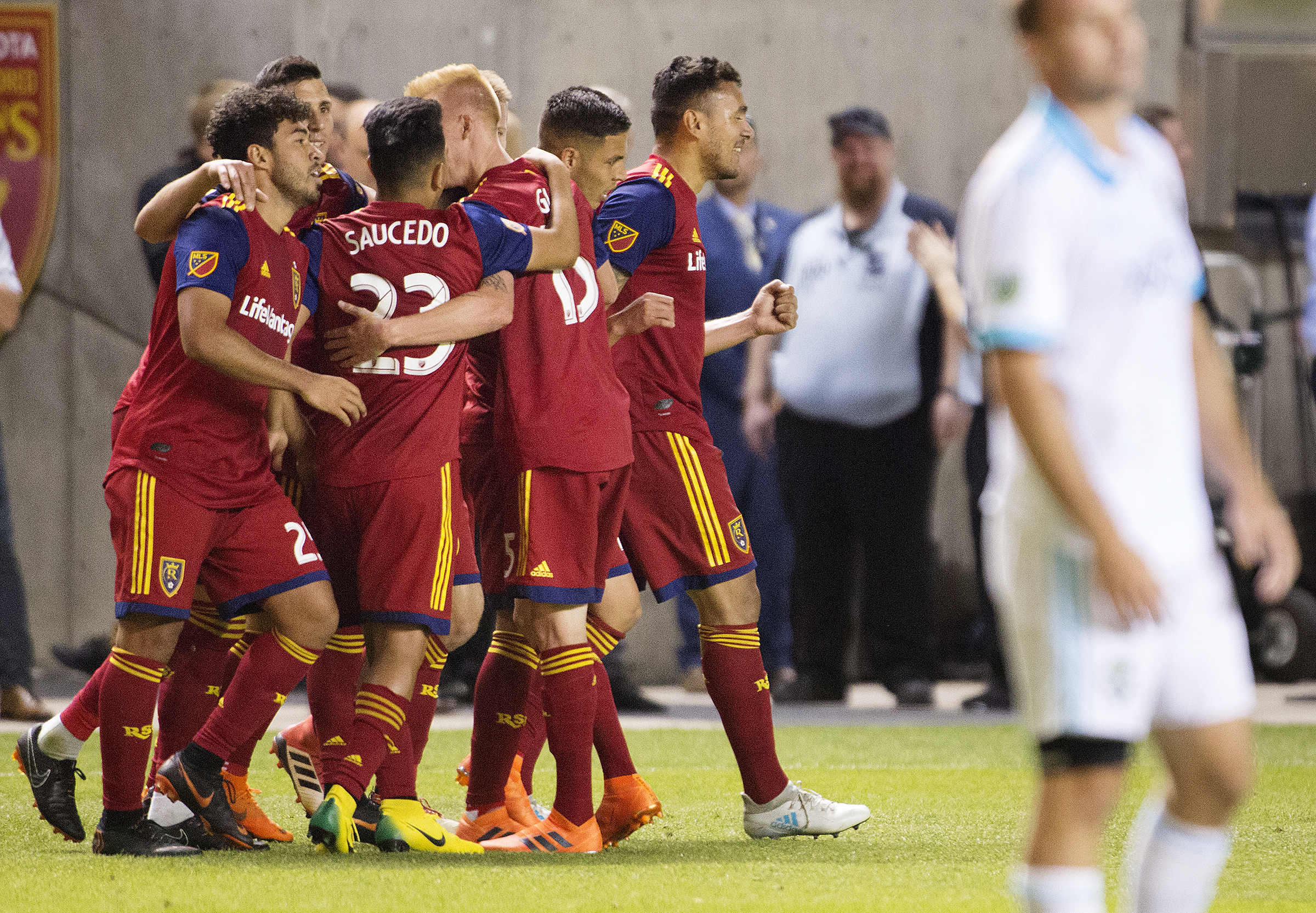 Real Salt Lake celebrates after Luis Silva (20) scored a goal in second-half stoppage time to put Salt Lake up 2-0 against the Seattle Sounders at Rio Tinto Stadium in Sandy on Saturday, June 2, 2018. (Photo: James Wooldridge, Deseret News)