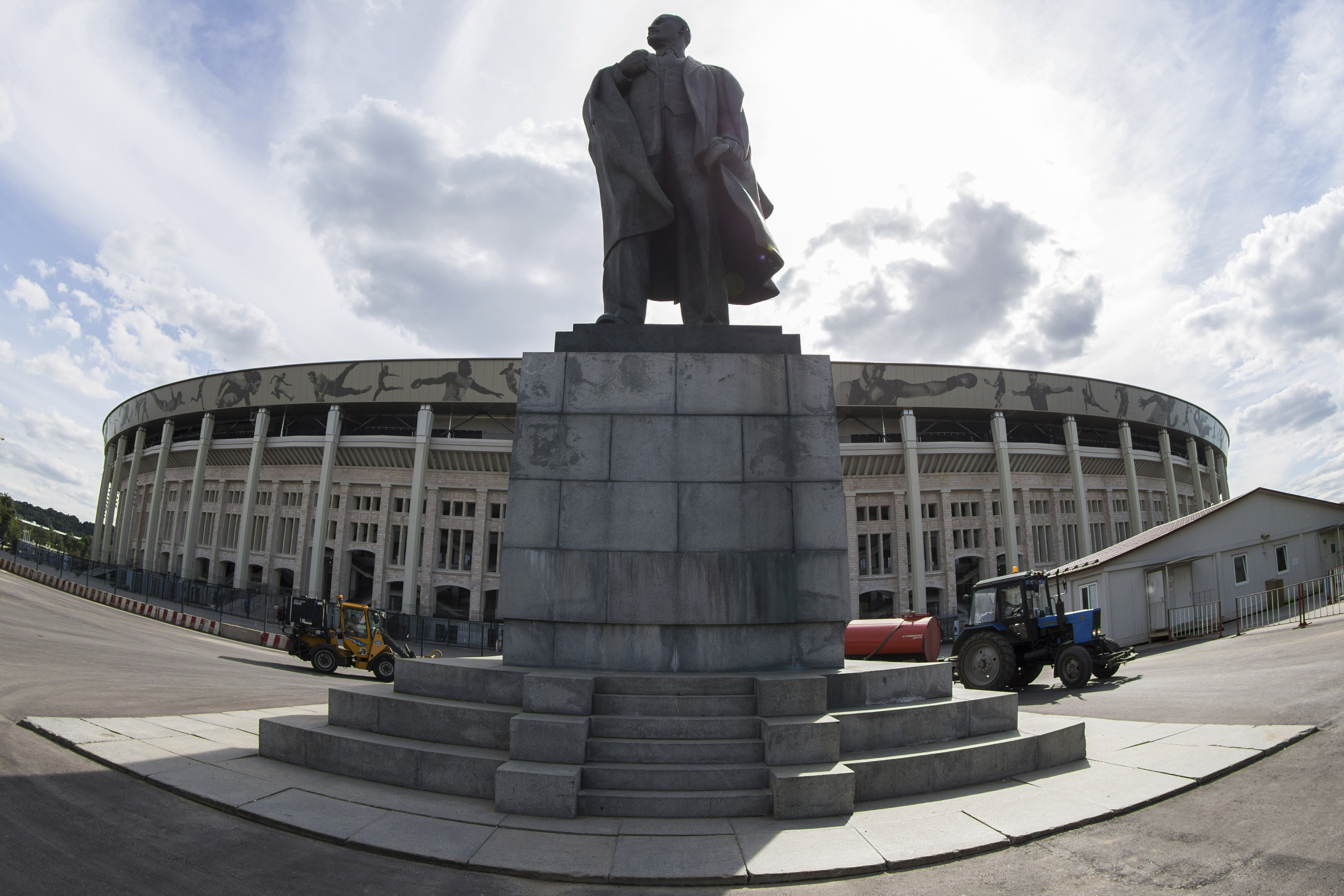 In this photo taken on Wednesday, June 28, 2017 the statue of Soviet founder stands in front of the Luzhniki stadium entrance in Moscow. (Denis Tyrin, AP Photo, File)