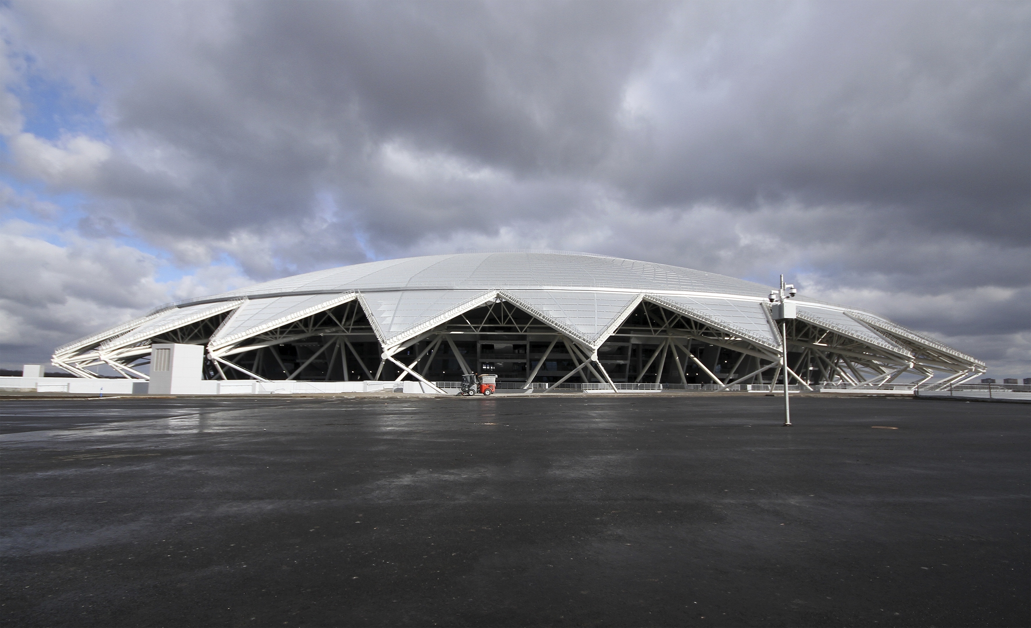 In this photo taken on Saturday, April 28, 2018, a view of the new the World Cup stadium in Samara prior to the Russian league soccer match between Krylia Sovetov (Wings of Soviets) and Fakel (Torch), Russia. (Yuri Strelets, AP Photo, File)