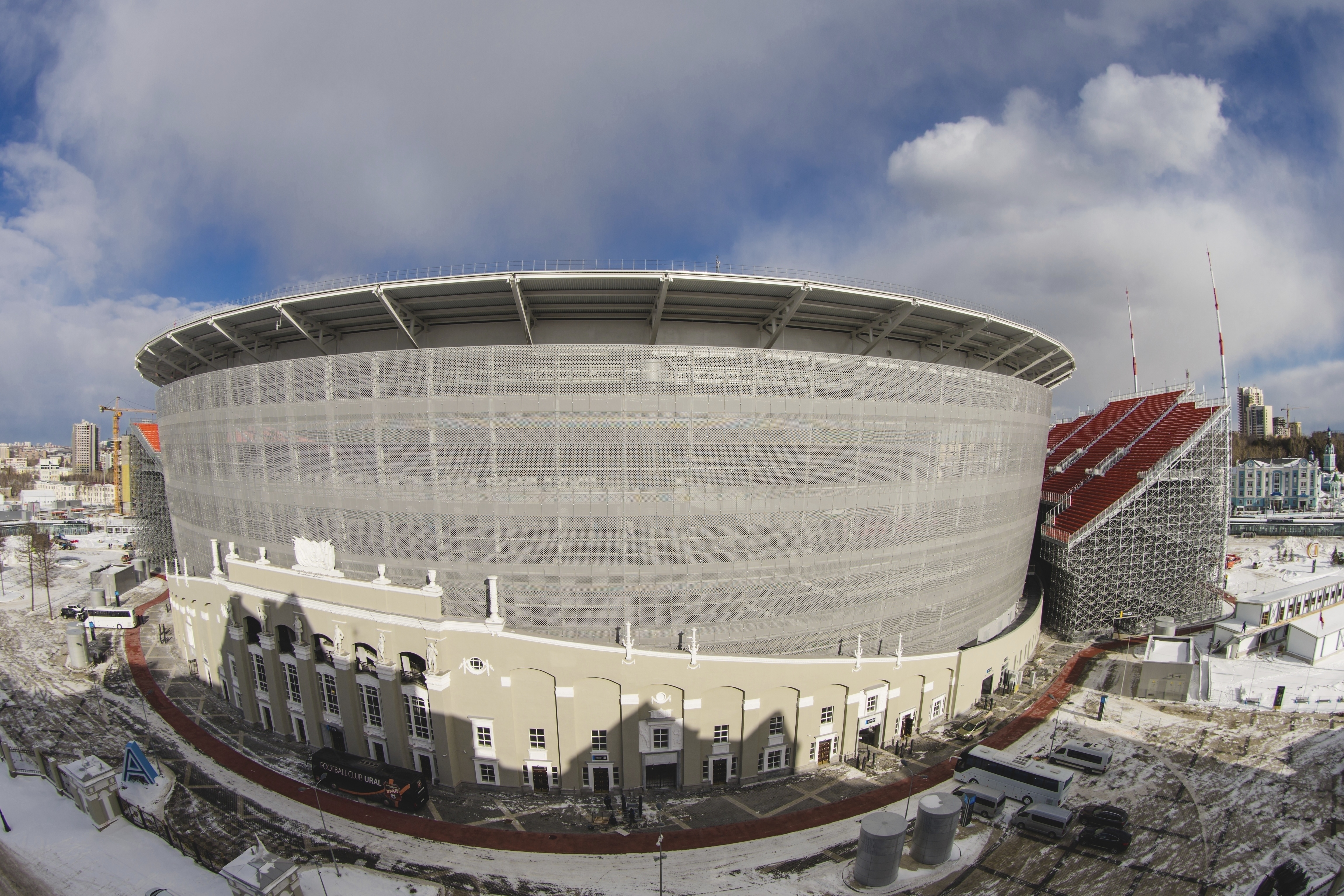 In this photo taken on Friday, March 30, 2018, a view on the new the World Cup stadium in Yekaterinburg prior to the Russian premier league soccer match between Ural Yekaterinburg and Rubin Kazan in Russia . (Anton Basanaev, AP Photo)