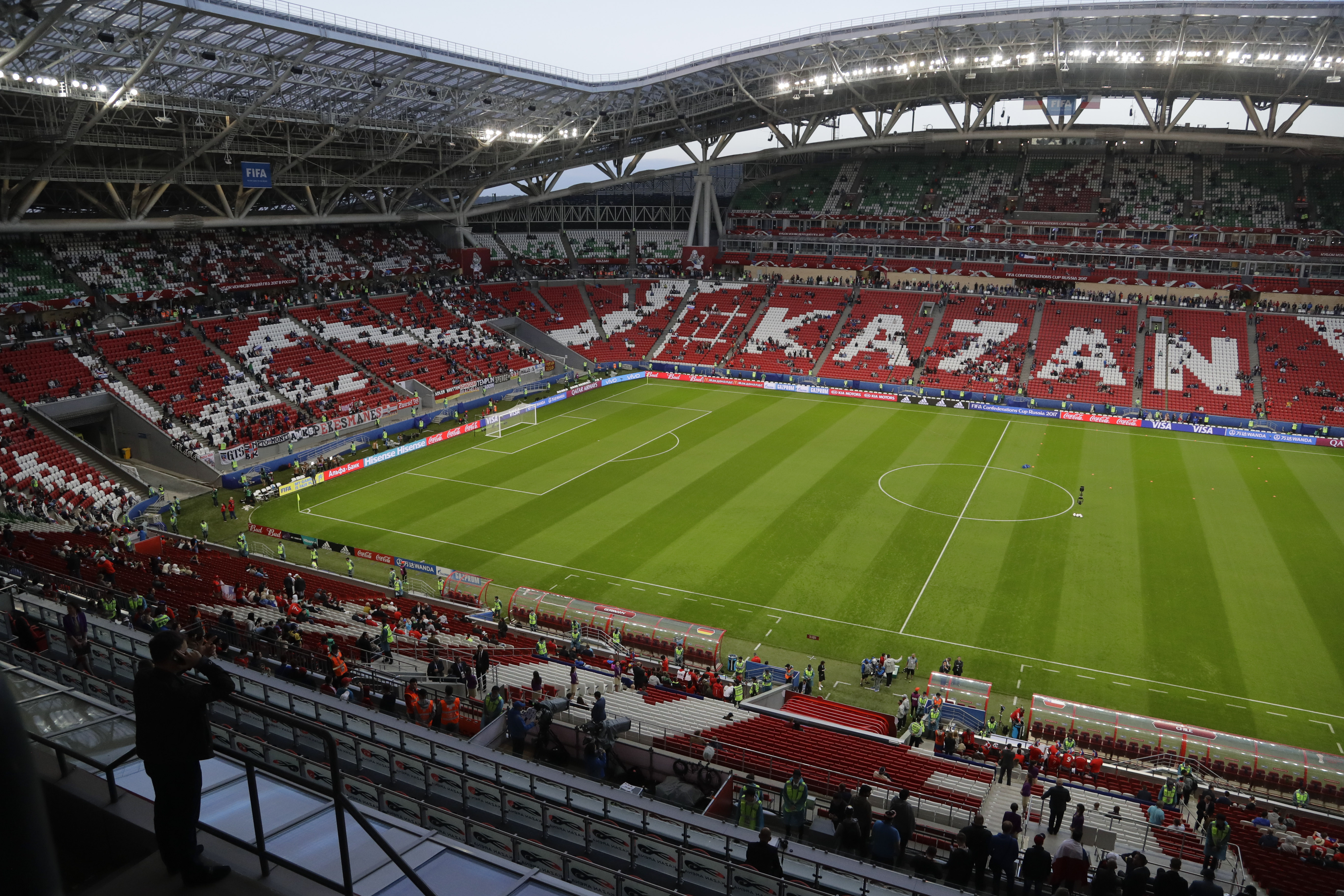 In this photo taken on Thursday, June 22, 2017 a view of the Kazan Arena stadium prior to the Confederations Cup, Group B soccer match between Germany and Chile, in Kazan, Russia. (Sergei Grits, AP Photo, File)