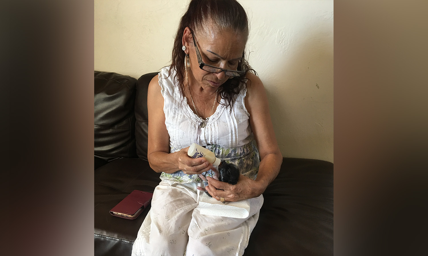 Zachary Ellis's long-lost mother, Hermalinda, feeds a baby potbelly pig she and Ellis helped resuscitate. The two met for the first time in May after a 37-year separation. (Photo courtesy Zachary Ellis)