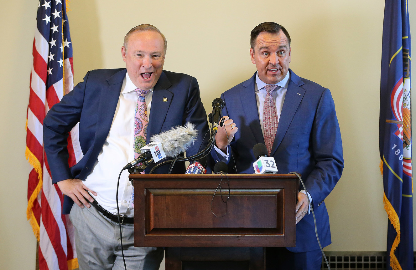 State Sen. Jim Dabakis, D-Salt Lake City, and Utah House Speaker Greg Hughes, R-Draper, unveiled a list of proposals they believe could break Utah inland port negotiations free from gridlock during a press conference at the Capitol in Salt Lake City on Tuesday, June 5, 2018. (Photo: Jeffrey D. Allred, KSL)