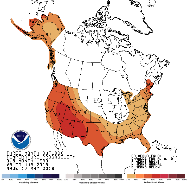 The 3-month temperature outlook for June, July and August in the United States. (Photo: National Weather Service Climate Prediction Center)