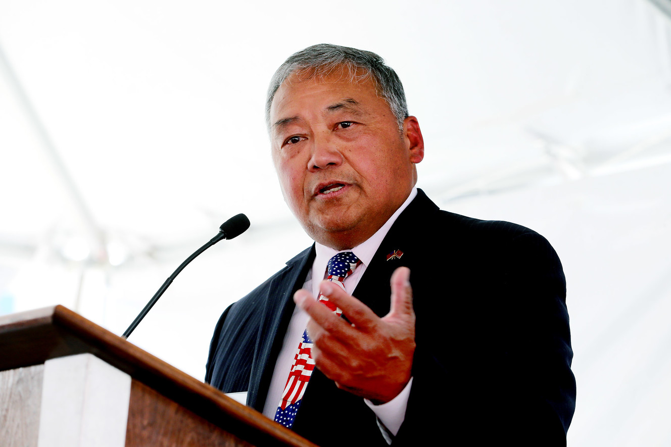 Retired U.S. Marine Corps Col. Rayfel Bachiller speaks during a ceremony recognizing four drivers who are now part of C.R. England's Honored Veterans Fleet in West Valley City on Friday, June 8, 2018. (Photo: Scott G Winterton, KSL)