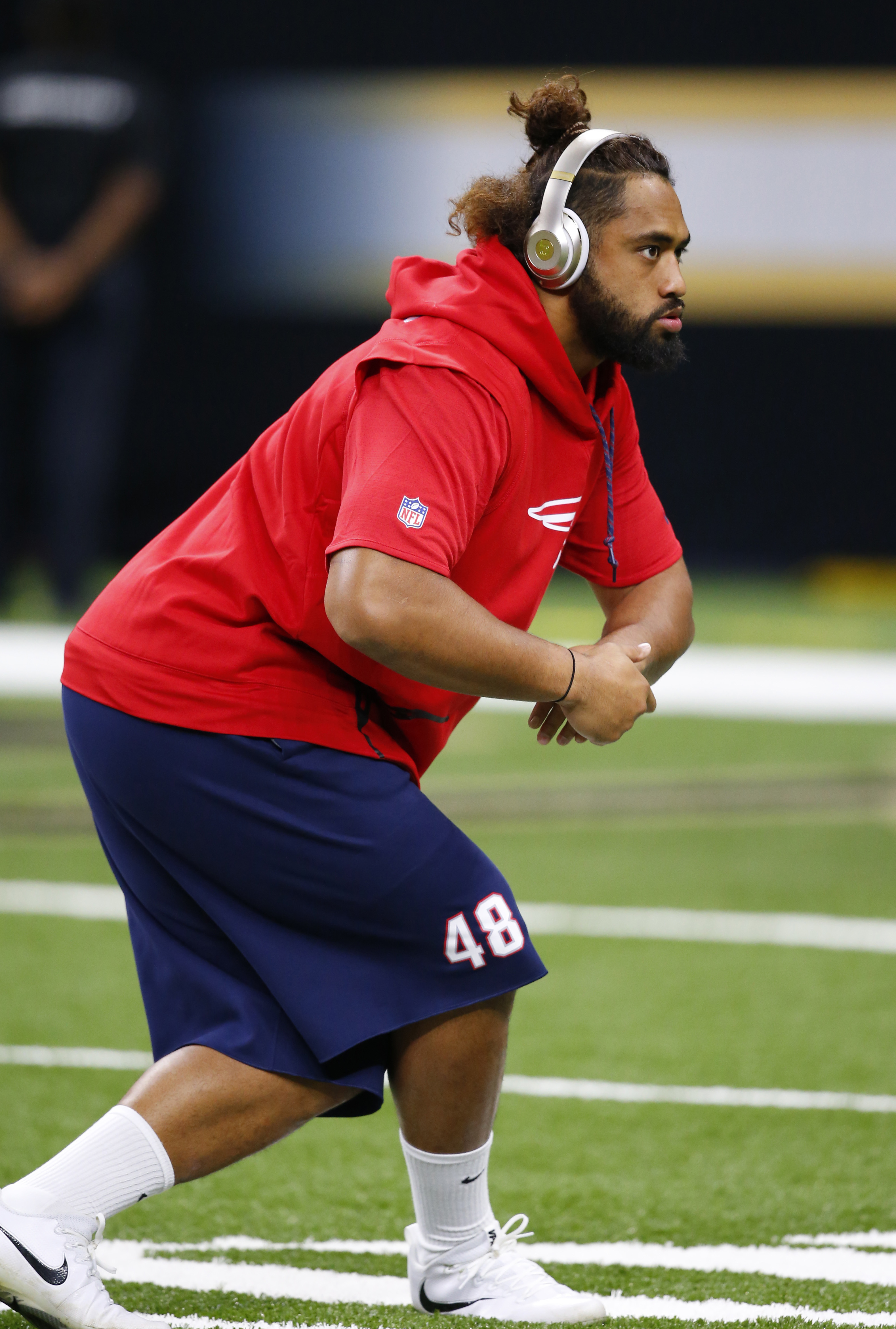 New England Patriots linebacker Harvey Langi warms up before an NFL football game against the New Orleans Saints in New Orleans, Sunday, Sept. 17, 2017. (Photo: Butch Dill, AP)