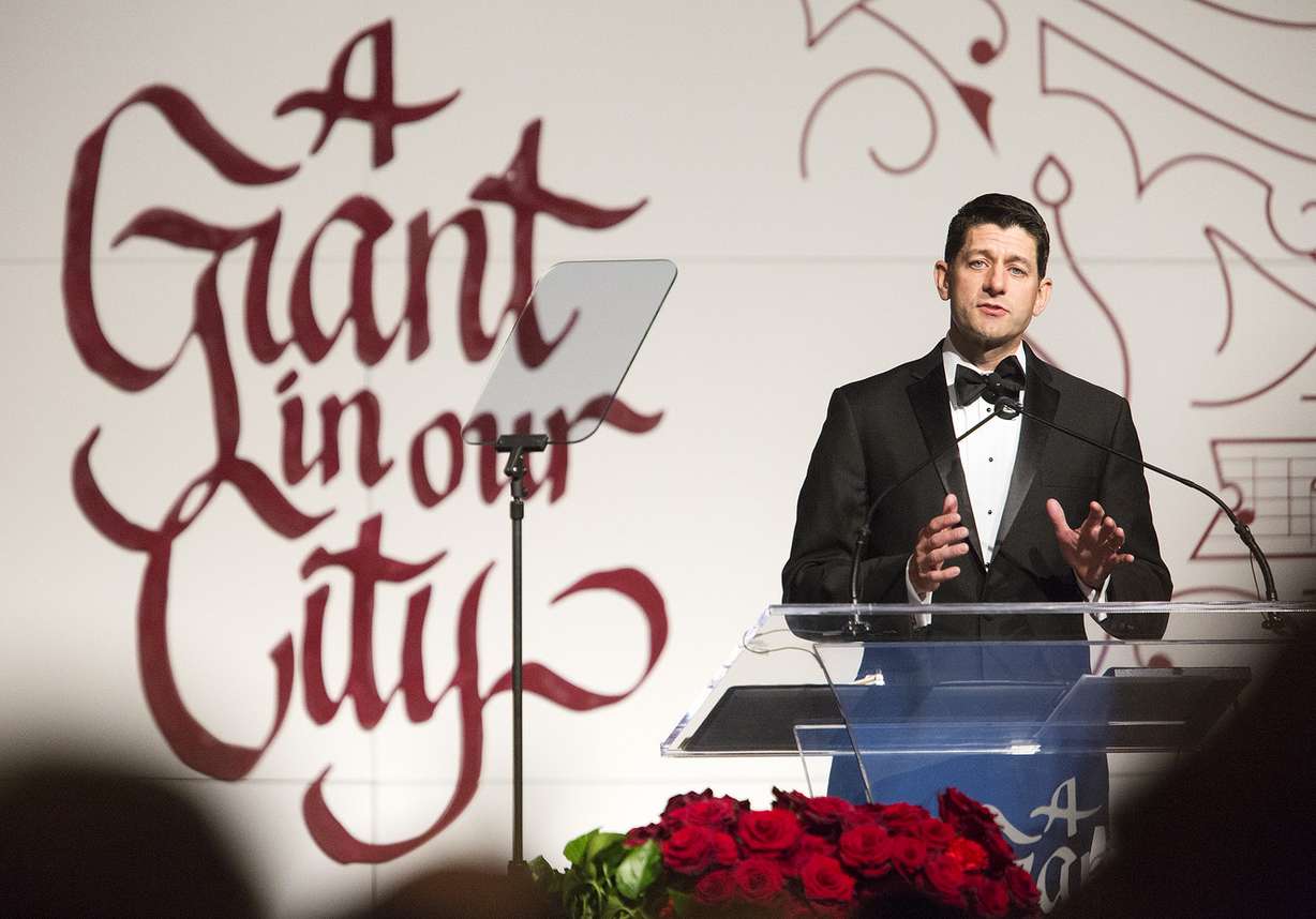 Speaker of the House Paul Ryan, R-Wis., talks about Sen. Orrin Hatch, R-Utah, at a ceremony recognizing Hatch as the 39th Giant in Our City at the Grand America Hotel in Salt Lake City on Saturday, June 9, 2018. The Salt Lake Chamber, Utah's largest business association, gives the award to honor outstanding professional achievement and public service. (Photo: James Wooldridge, KSL)