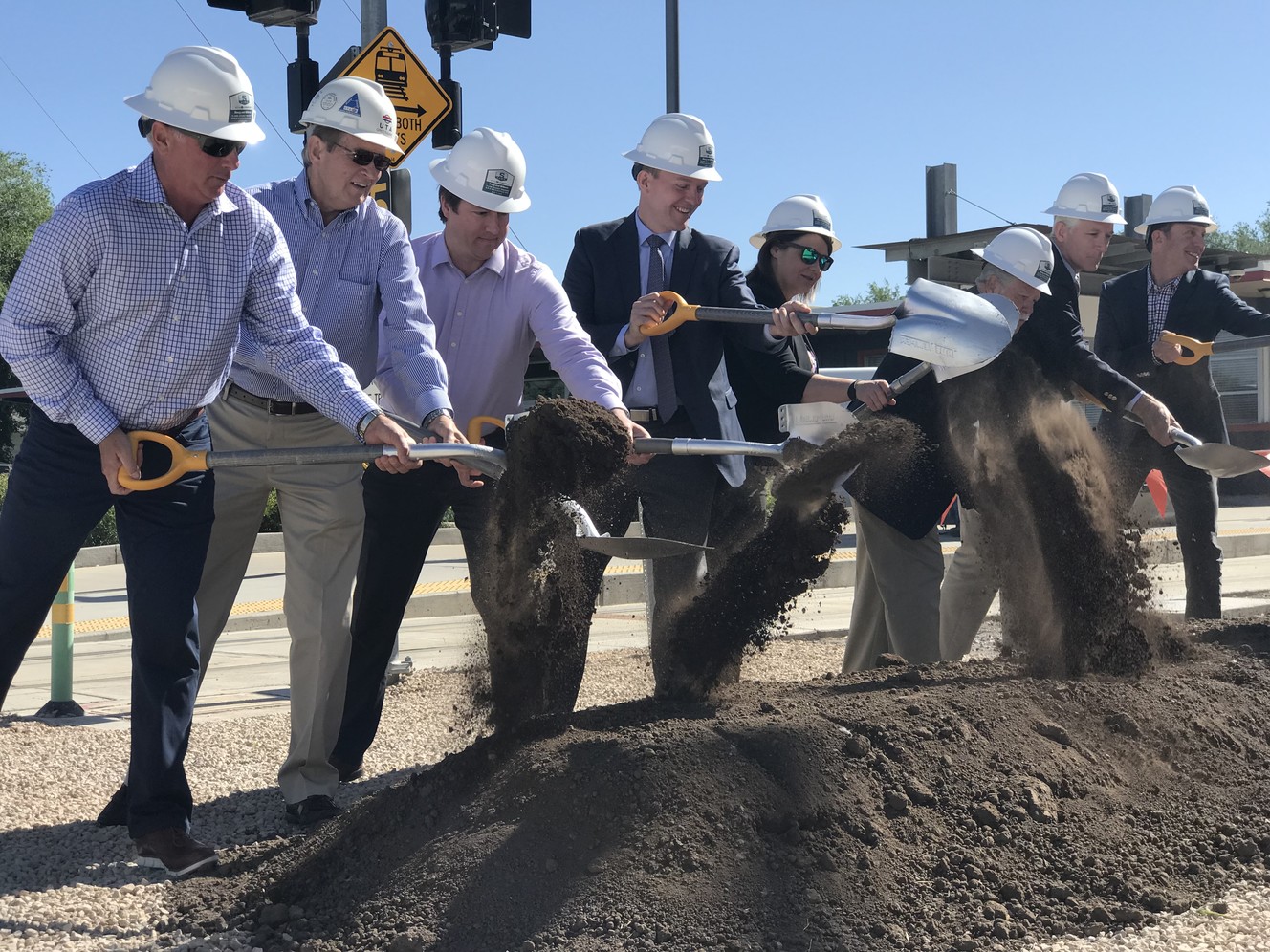 Mark Isaac, Pinyon8 consulting principal, left, Greg Thorpe, Utah Transit Authority project manager, South Salt Lake City Councilman Mark Kindred, Salt Lake County Mayor Ben McAdams, South Salt Lake Mayor Cherie Wood, state Senate Minority Leader Gene Davis, R-Salt Lake City, UTA interim Executive Director Steve Meyer and Andrew Gruber, executive director of the Wasatch Front Regional Council, break ground on an expansion of UTA's S-Line in South Salt Lake on Monday, June 11, 2018. (Photo: Alec Williams, Deseret News)