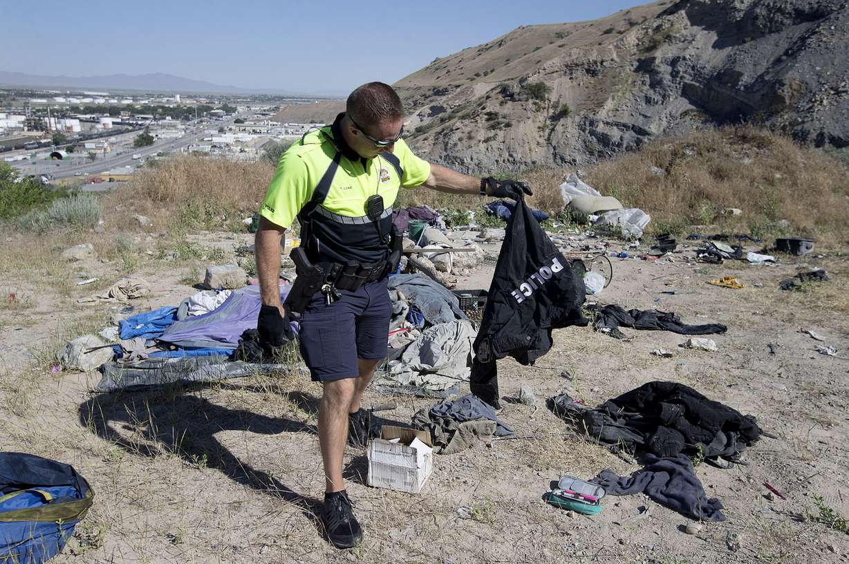 A Tampa City police officer's jacket is found at a homeless camp off Victory Road in the foothills north of Salt Lake City on Thursday, June 14, 2018. (Photo: Laura Seitz, KSL)