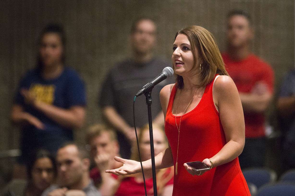 Emily Johnson, a resident of Herriman, speaks out against the Olympia Hills development proposal in Herriman High School on Thursday, June 14, 2018. (Photo: James Wooldridge, KSL)