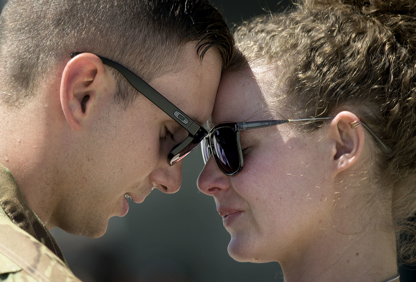 Sgt. Brady Valdez says goodbye to his girlfriend Kara Blodgett, of Sandy, as more than 230 soldiers from one of the Utah National Guard's aviation units deploy to the Middle East in support of Operation Spartan Shield from the Army Aviation Support Facility in West Jordan on Friday, June 15, 2018. (Photo: Laura Seitz, KSL)