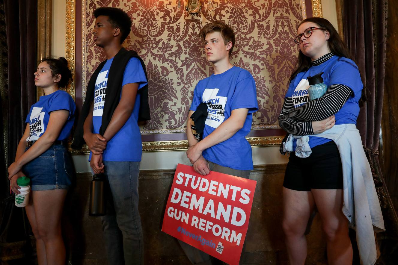Marcela Morales, 18, Daud Mumin, 17, Chase Harward, 16, and Olivia Fletcher, 18, who are representatives of the pro-gun control March for Our Lives, listen during a press conference hosted by the Utah Safe Schools Commission at the Capitol in Salt Lake City on Wednesday, June 20, 2018. The commission outlined its recommendations to improve safety in Utah schools as it relates to gun violence. (Photo: Spenser Heaps, KSL)