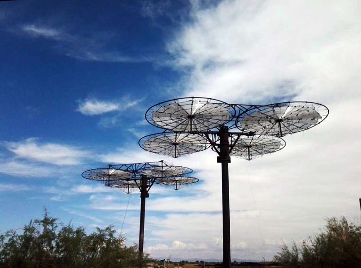 This solar "tree" is one of several that were built west of Delta in Millard County that are part of solar project under action by the U.S. Department of Justice. Federal authorities say the International Automated Systems/RaPower3 "solar lenses" deprived the U.S. Treasury of millions of dollars because of bogus tax credits and false depreciation claims.
