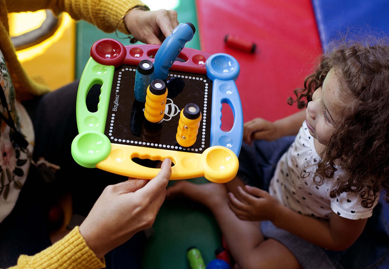 Occupational therapist Lori Maughan and Ruby Ferguson demonstrate the use of MagStix at Matt's Place in Centerville on Tuesday, June 12, 2018. The 41-piece magnetic building set was created by Wade and Catherine Reed to help children connect with their parents as well as serve kids in the special needs community. (Photo: Laura Seitz, KSL)