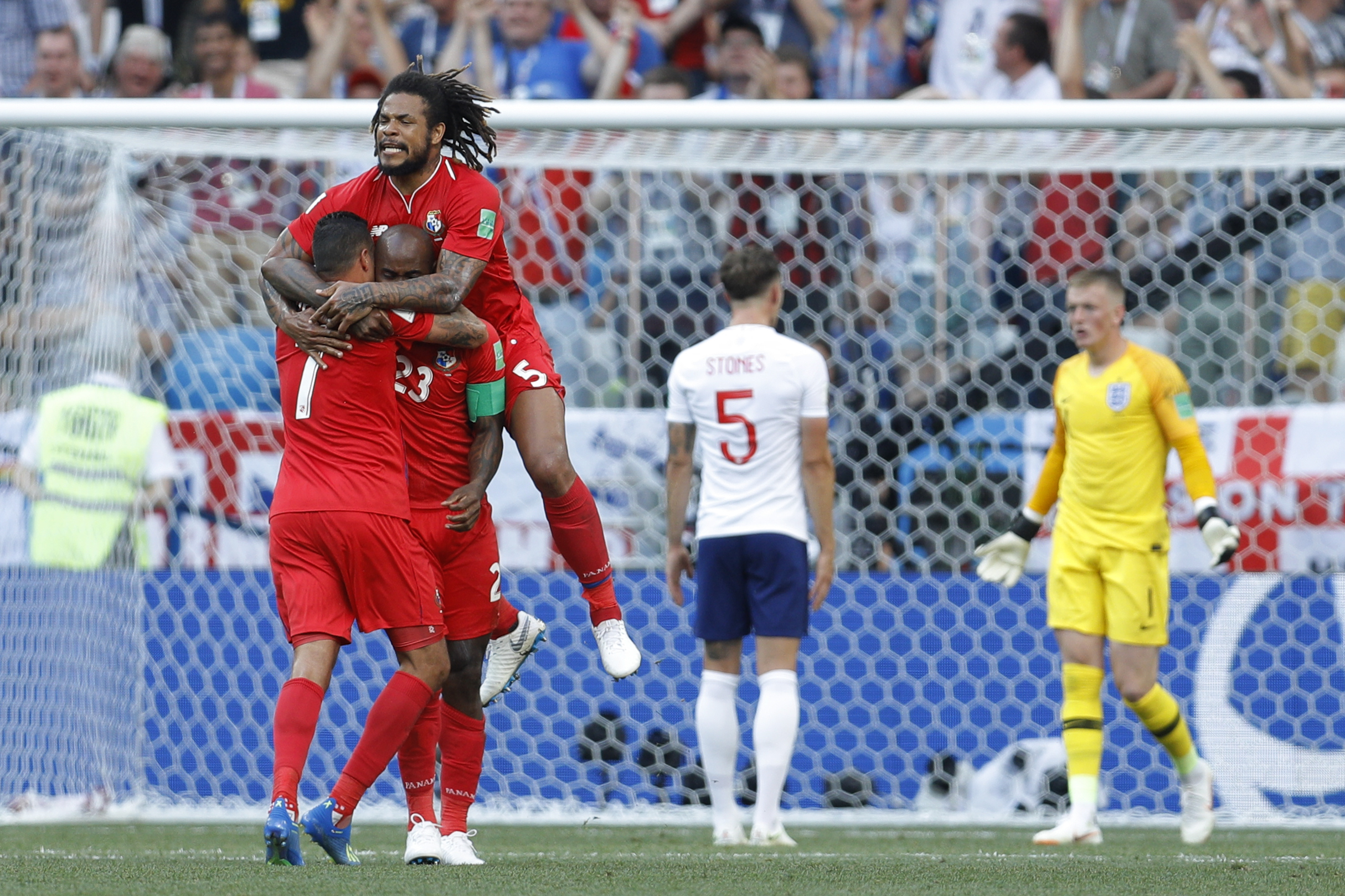 Panama's Blas Perez jumps over teammate Felipe Baloy after he scored his side's opening goal against England during a group G match at the 2018 soccer World Cup at the Nizhny Novgorod Stadium in Nizhny Novgorod , Russia, Sunday, June 24, 2018. (Photo: Victor Caivano, AP Photo)