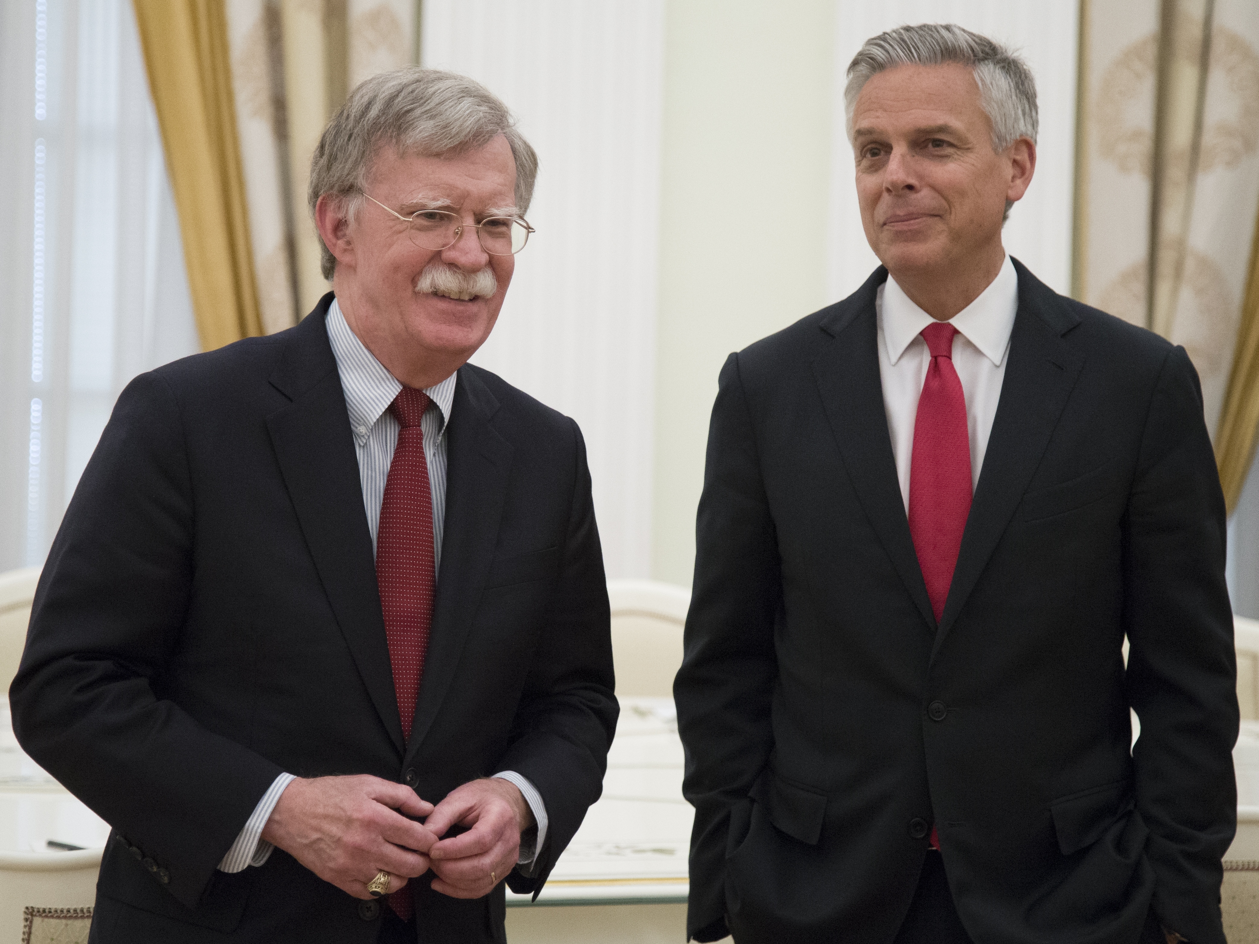 U.S. National security adviser John Bolton, left, and US Ambassador to Russia Jon Huntsman Jr wait for the talks with Russian President Vladimir Putin in the Kremlin in Moscow, Russia, Wednesday, June 27, 2018. Bolton is meeting Putin for talks intended to set the stage for a U.S.-Russia summit. (Alexander Zemlianichenko, AP Photo, Pool)