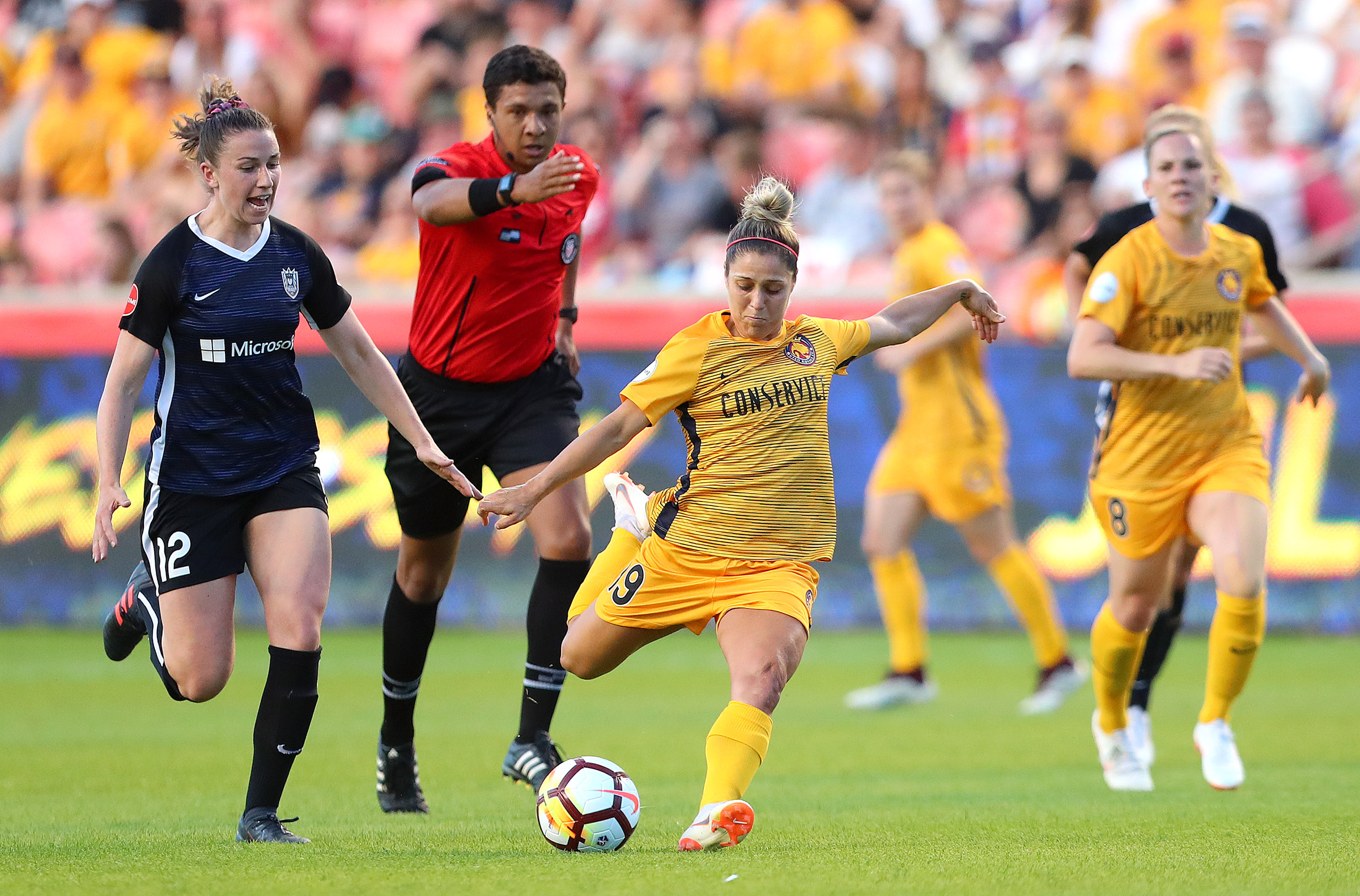 Utah Royals FC midfielder Katrina Gorry (19) takes a shot as the Utah Royals and the Seattle Reign play at Rio Tinto Stadium in Sandy on Wednesday, June 27, 2018. (Photo: Scott G Winterton, Deseret News)