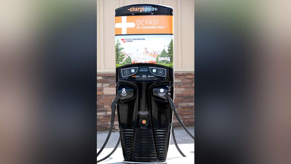 An electric vehicle fast-charging station at the Maverik at 14814 Minuteman Drive in Draper is pictured on Friday, June 29, 2018. Rocky Mountain Power and Maverik are celebrating the completion of the electric vehicle corridor along I-15 with the grand opening of several charging stations across the state. (Photo: Steve Griffin, KSL)