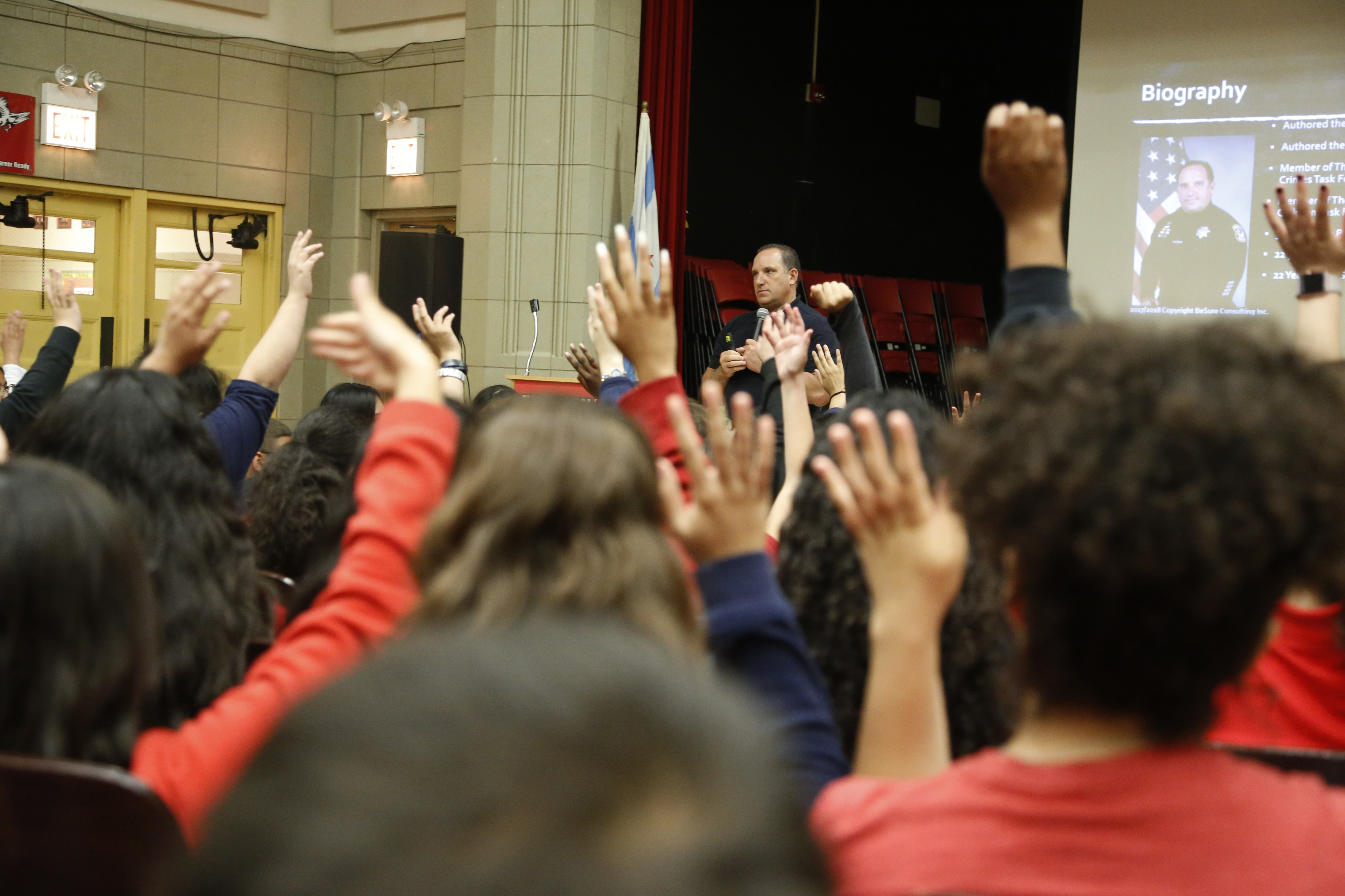 Rich Wistocki, a recently retired cybercrime detective who started his own consulting company, speaks to students at Nathan Hale Elementary School in Chicago on Friday, June 8, 2018. When asked how many are on social media, most students raised their hands, including those younger than 13, the supposed age limit for social media. (AP Photo/Martha Irvine)