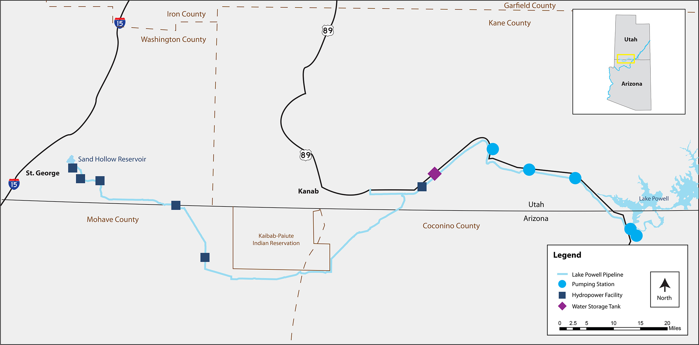 A map shows the proposed route of the Lake Powell Pipeline though Southern Utah and Northern Arizona. (Map courtesy of Washington County Water Conservancy District, St. George News)