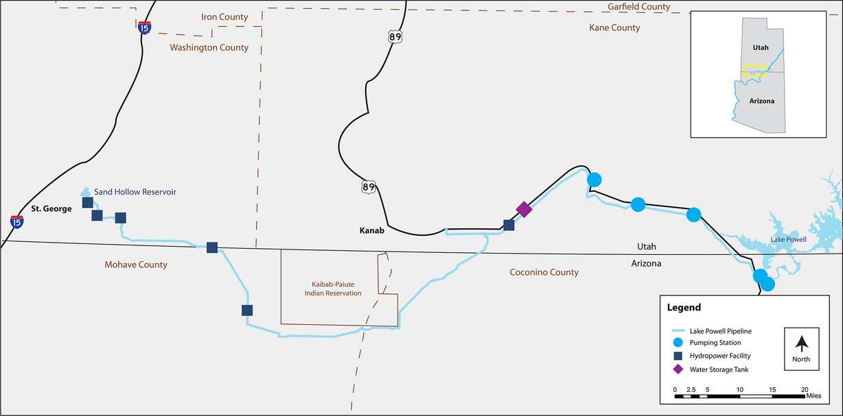 A map shows the proposed route of the Lake Powell Pipeline though Southern Utah and Northern Arizona. (Map courtesy of Washington County Water Conservancy District, St. George News)