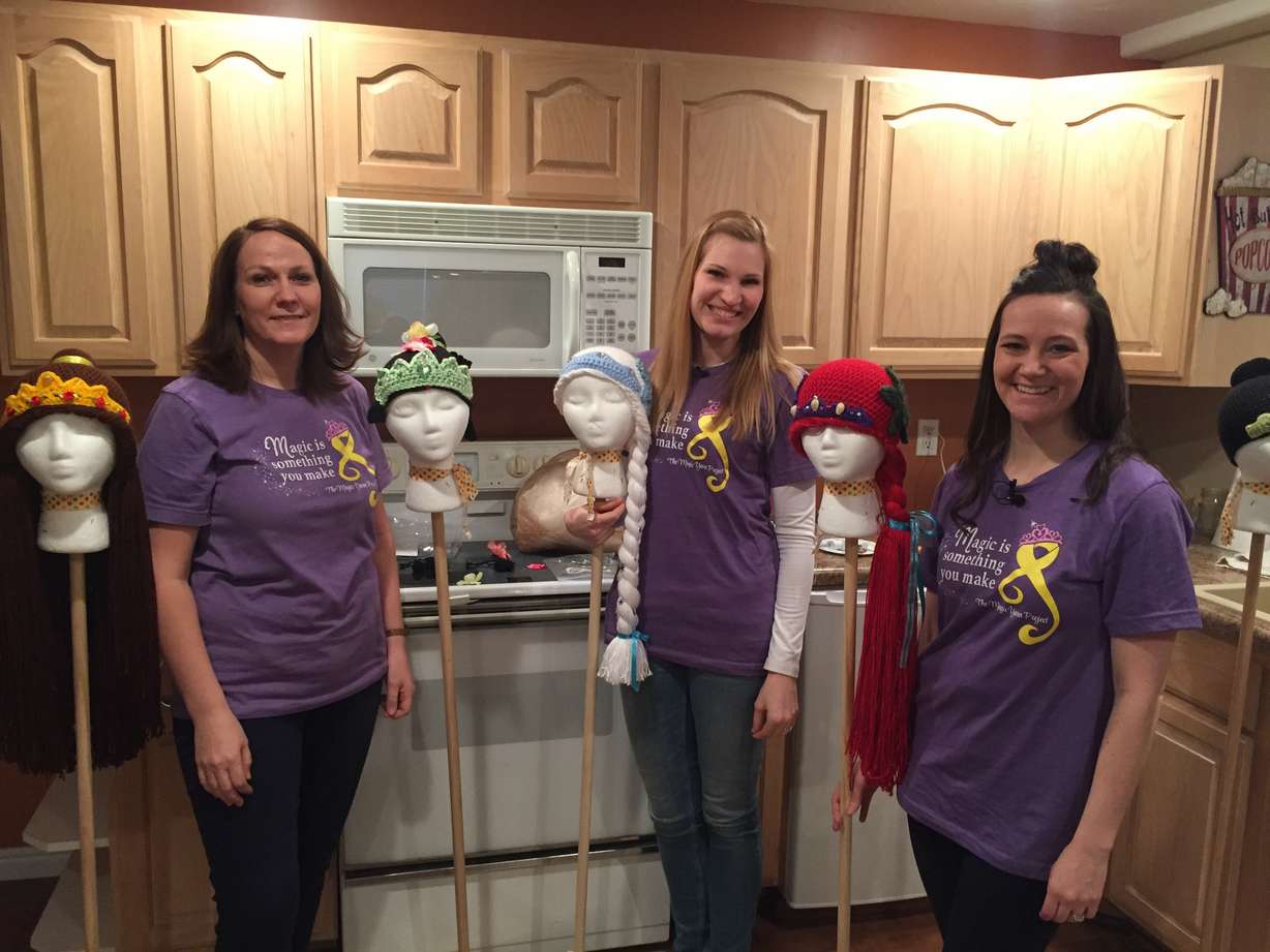Holly Christensen, center, and her team complete Magic Yarn wigs for cancer patients around the world. (Photo: KSL TV)
