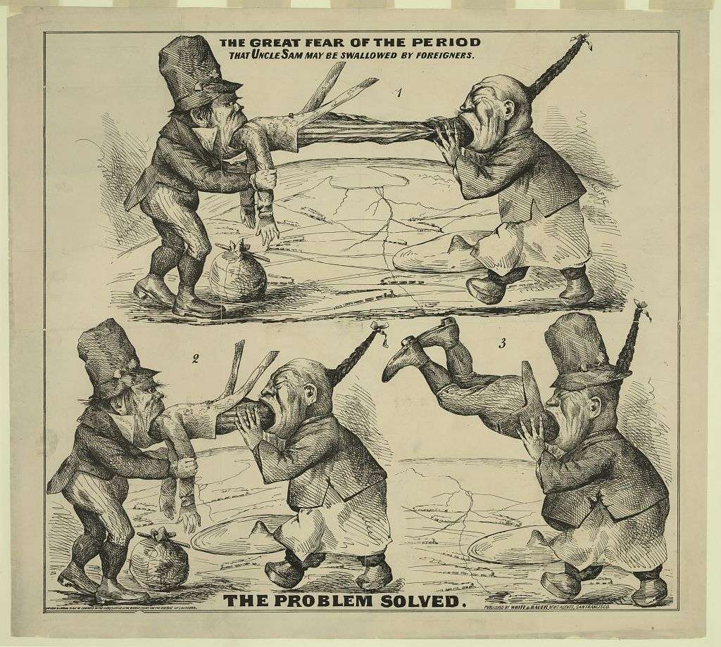 An 1860-era political cartoon from a cartoonist in San Francisco about Irish and Chinese laborers swallowing up the U.S. At this time in American history both Irish and Chinese workers were primarily laying track for growing railroads. (Photo: Library of Congress)
