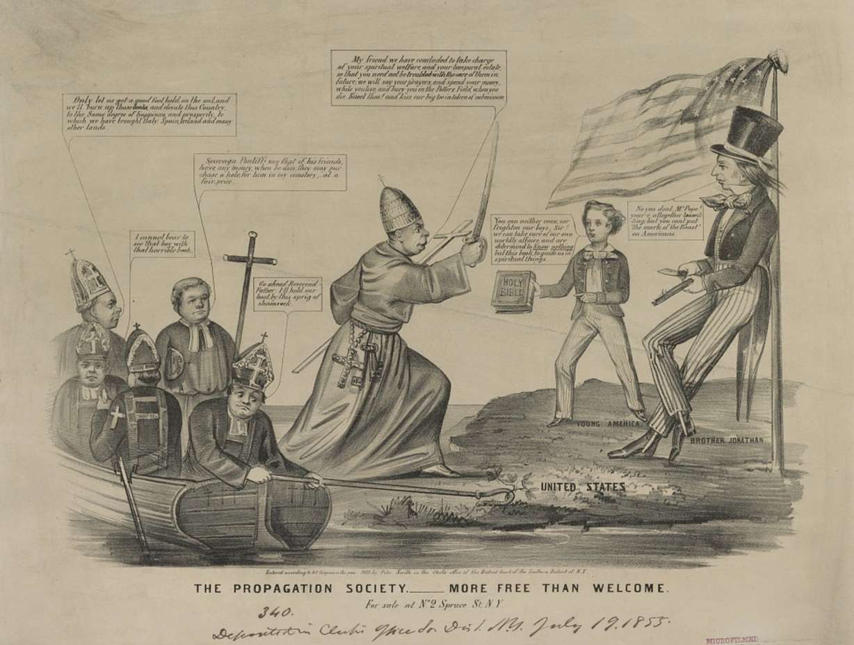 An anti-Catholic cartoon in 1855 depicting the pope with sword entering the U.S. (Photo: Library of Congress)