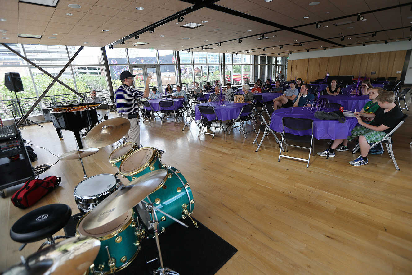 Musician Greg Floor conducts a jazz clinic at the Gallivan Center preceding the Salt Lake City Jazz Festival in Salt Lake City on Saturday, July 7, 2018. (Photo: Scott G Winterton, KSL)