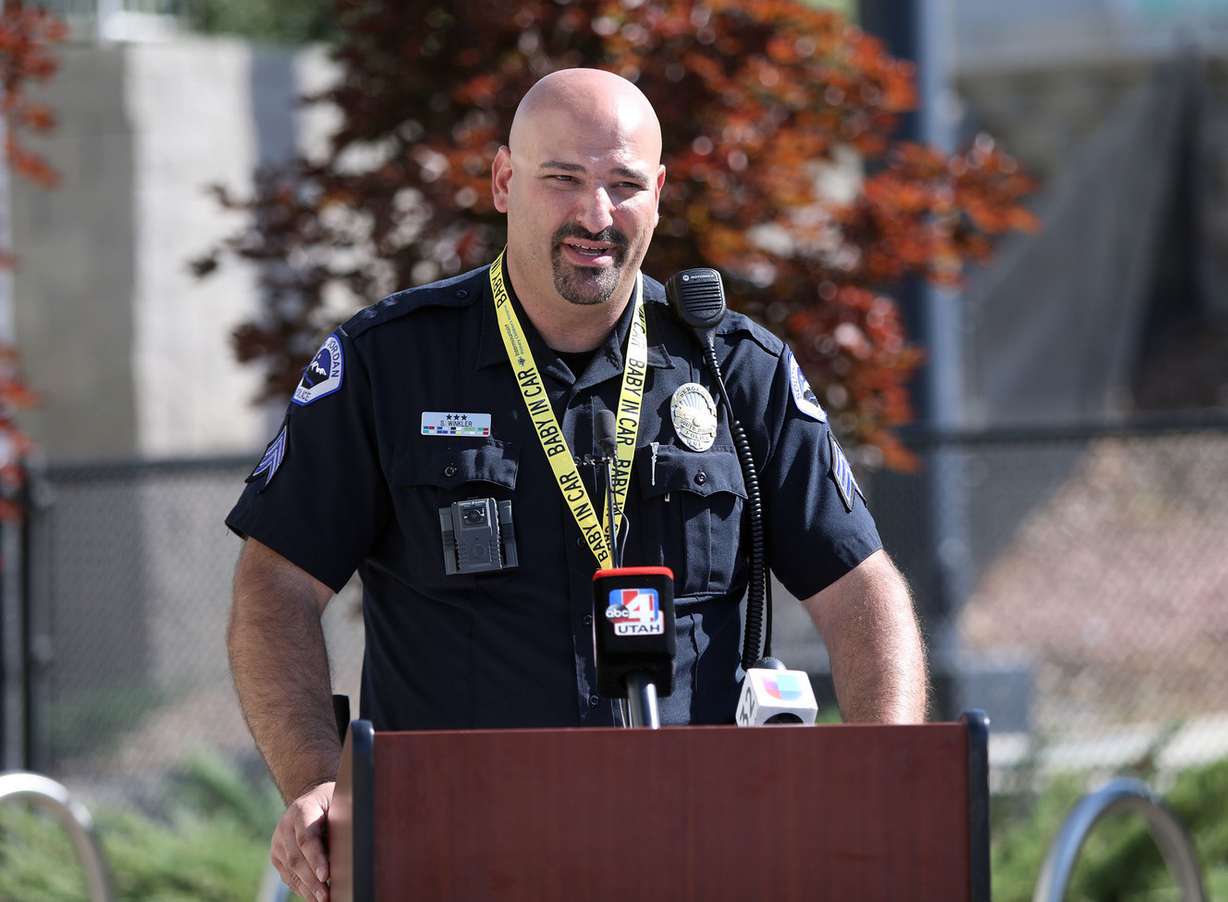 South Jordan Police Sgt. Sam Winkler speaks about the dangers of leaving children in vehicles during a press conference outside the Primary Children’s Hospital Outpatient Services Building in Salt Lake City on Tuesday, July 10, 2018. (Photo: Kristin Murphy, KSL)