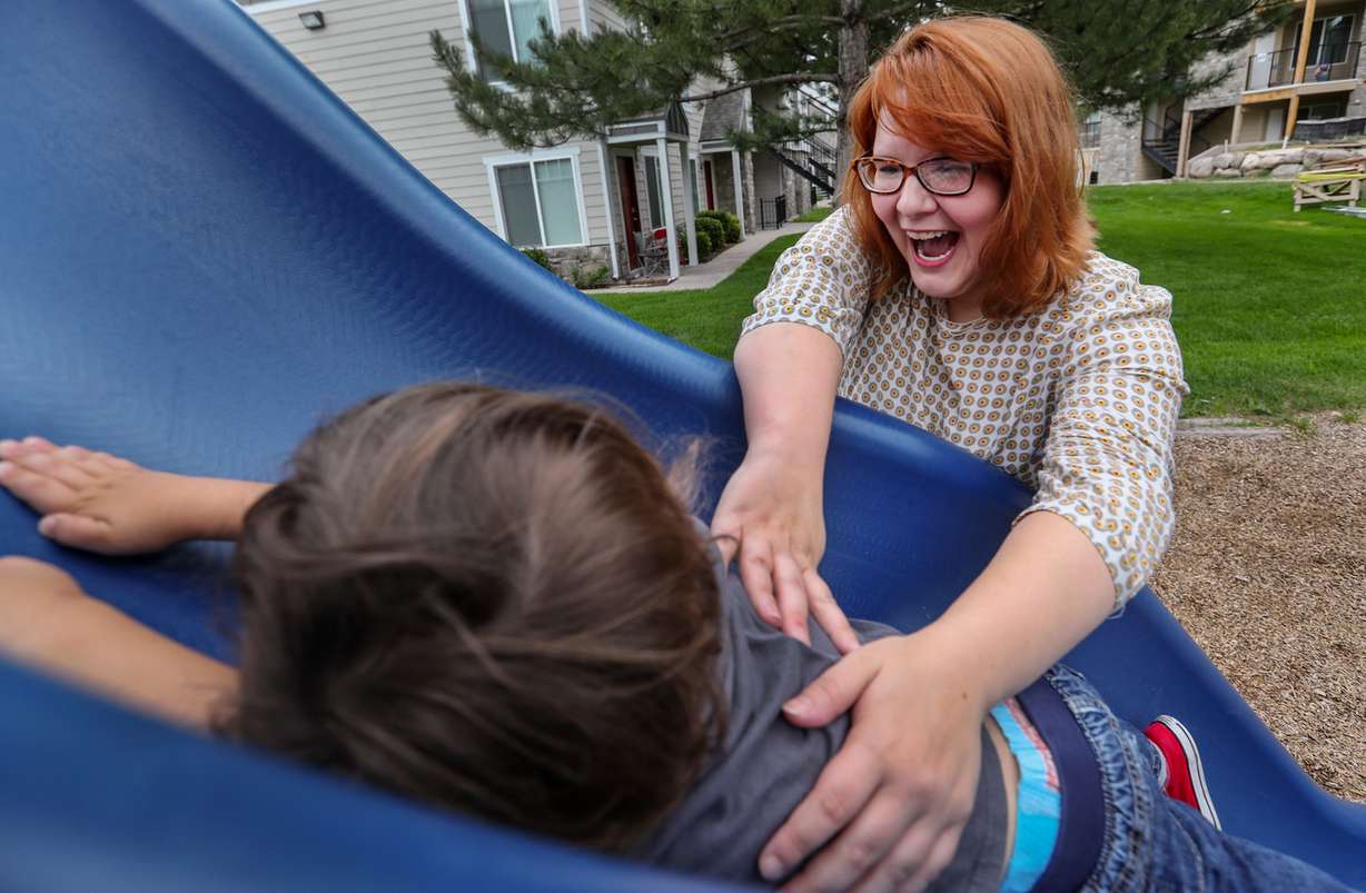 Erin Pack plays with her 3-year-old son, Jack Jordan, outside their West Jordan home on Saturday, July 14, 2018. Pack has endometriosis, which affects fertility, makes for very painful menstrual periods, and is considered to be a widely underreported and misunderstood condition. (Photo: Steve Griffin, KSL)