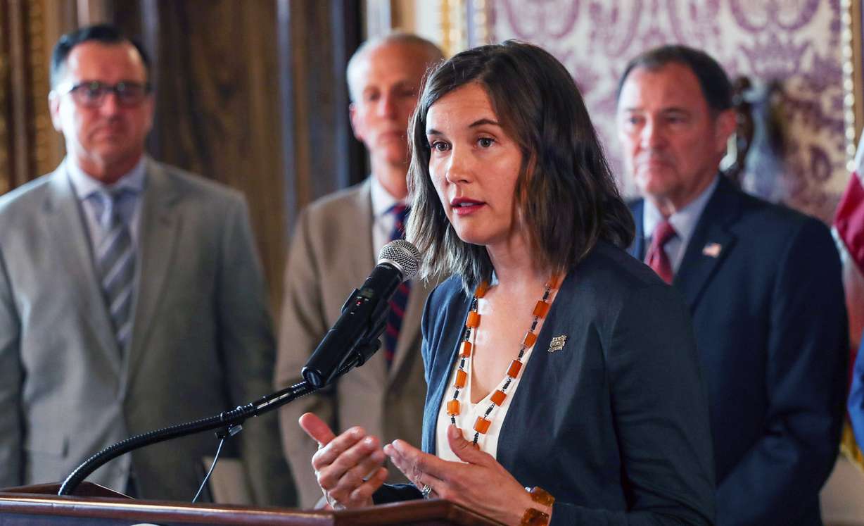 Salt Lake City Council Chair Erin Mendenhall is joined by Gov. Gary R. Herbert and other legislative and local elected leaders as she talks about consensus recommendations for the Utah Inland Port from the Gold Room at the Capitol in Salt Lake City on Monday, July 16, 2018. (Photo: Steve Griffin, KSL)