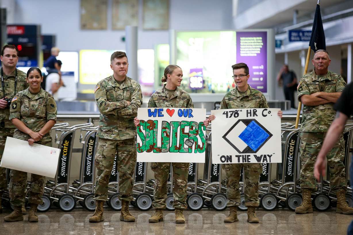 Members of the U.S. Army Reserve's 478th Human Resources Company prepare to welcome home soldiers returning from deployments in the Middle East at the Salt Lake City International Airport on Thursday, July 19, 2018. (Photo: Spenser Heaps, KSL)