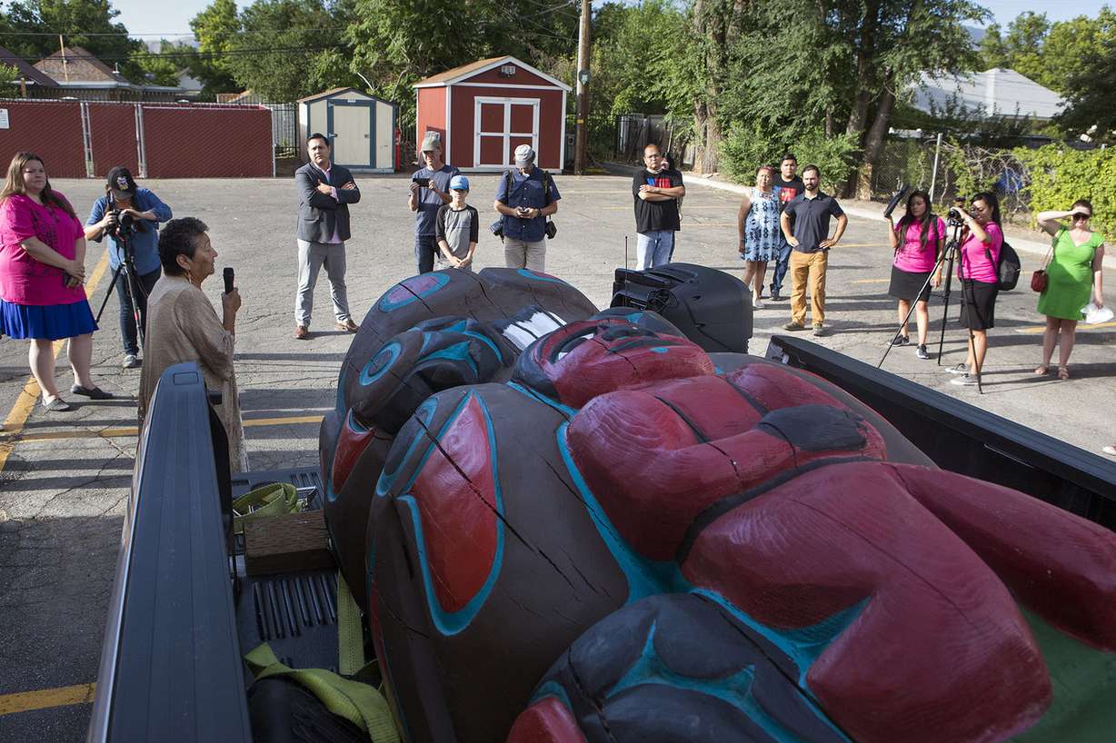 A 9-foot tall bear totem sits in a pickup truck as Mary Yazzie speaks at the Urban Indian Center in Salt Lake City on Thursday, July 19, 2018. The Lummi Nation is gifting the bear totem to the Bear Ears Inter-Tribal Coalition to show support for the restoration of Bear Ears National Monument. It is believed to bless those who touch it. (Photo: James Wooldridge, KSL)