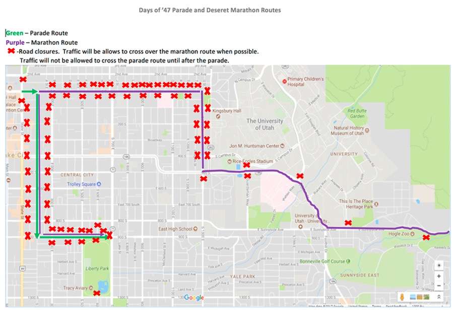 A map of the Deseret News Marathon and Days of '47 Parade routes for Tuesday, July 24, 2018. The marathon starts at 5:30 a.m. and the parade starts at 9 a.m. (Map by Days of '47)