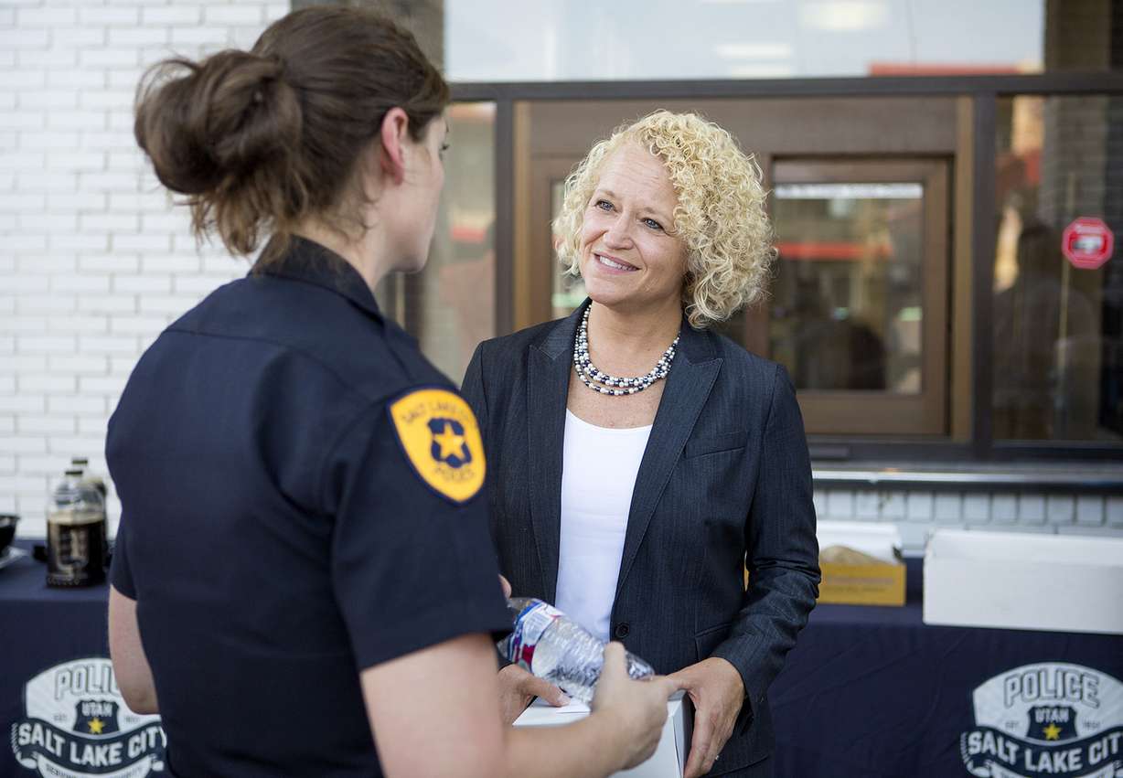 Salt Lake City Mayor Jackie Biskupski, right, speaks to Lt. Charli Bennett at a new police bike patrol substation on North Temple in Salt Lake City on Wednesday, July 25, 2018. (Photo: James Wooldridge, KSL)