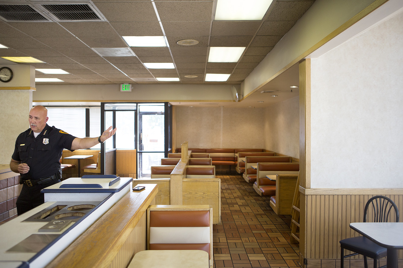 Salt Lake City Police Chief Mike Brown speaks to a reporter inside a new police bike patrol substation in a building that used to be an Arctic Circle on North Temple in Salt Lake City on Wednesday, July 25, 2018. Brown said the room could be used for briefings. (Photo: James Wooldridge, KSL)