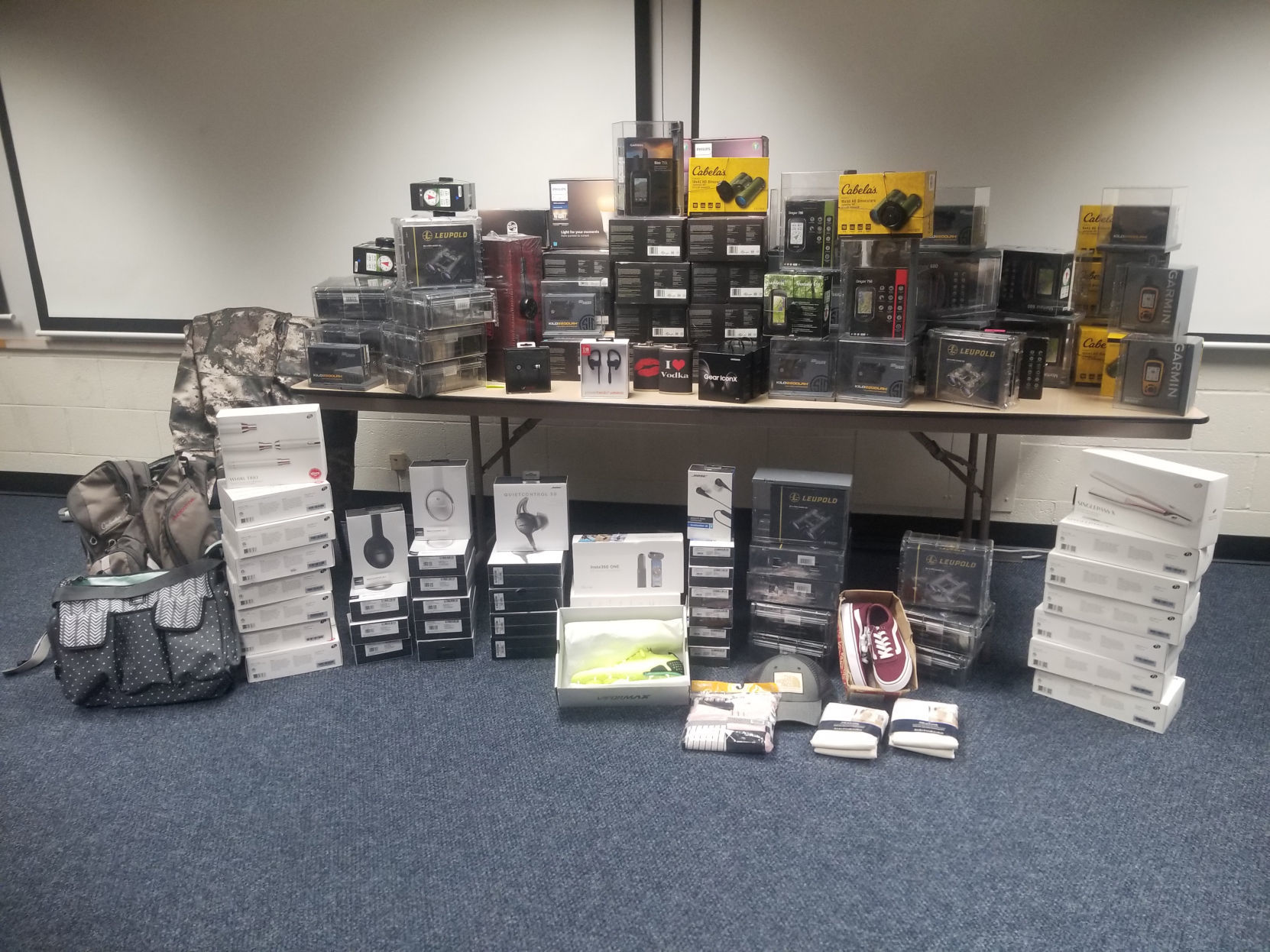 Authorities in Bonneville County recover a large amount of stolen merchandise from at least three Cabela's stores on Tuesday, July 24, 2018. Photo: Courtesy of Bonneville County Sheriff's Office