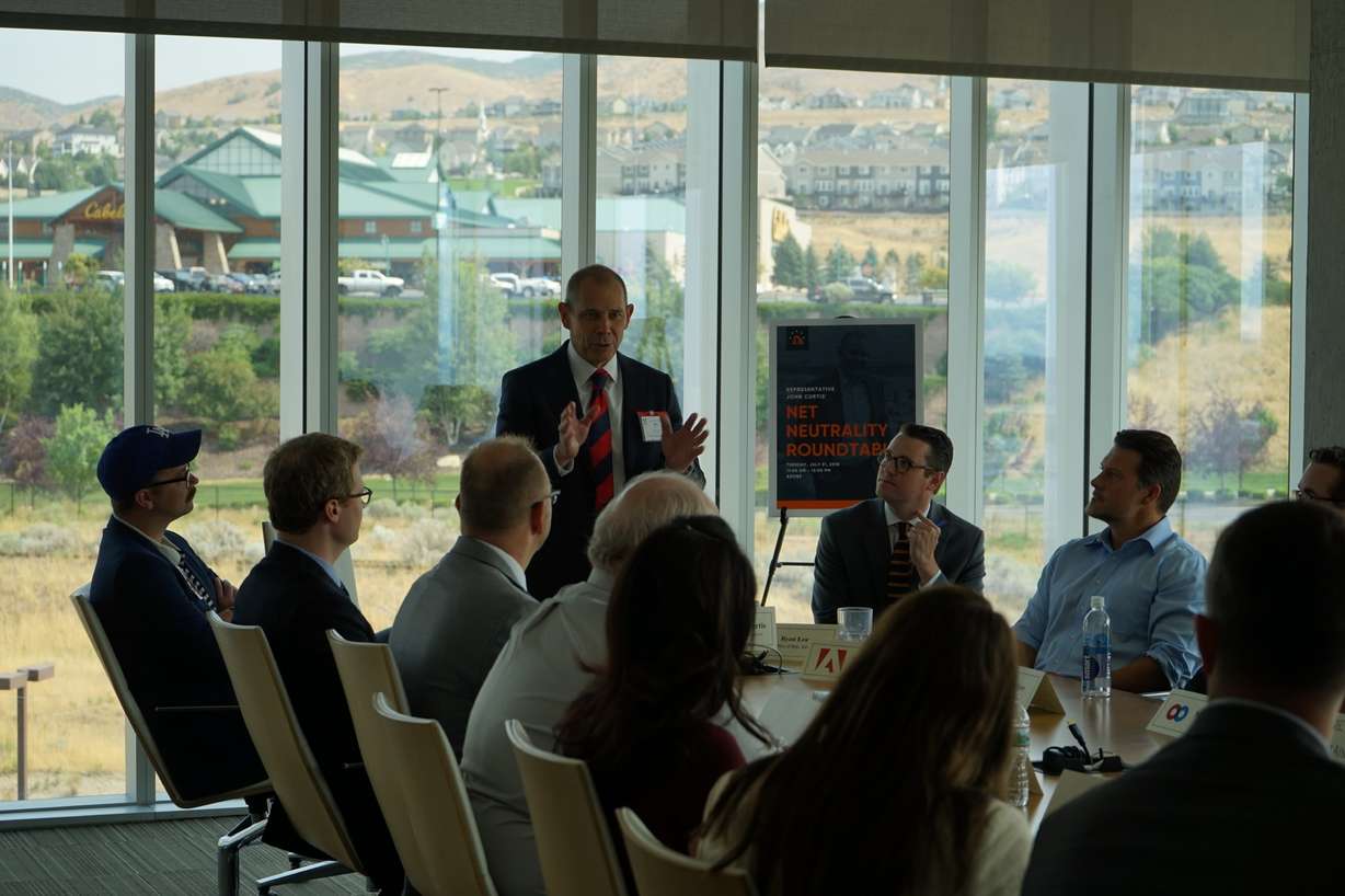 Utah tech leaders gather for Rep. John Curtis' net neutrality roundtable at the Adobe building in Lehi Tuesday. The group discussed ways to move forward with the controversial issue. Photo: Courtesy of John Curtis' office