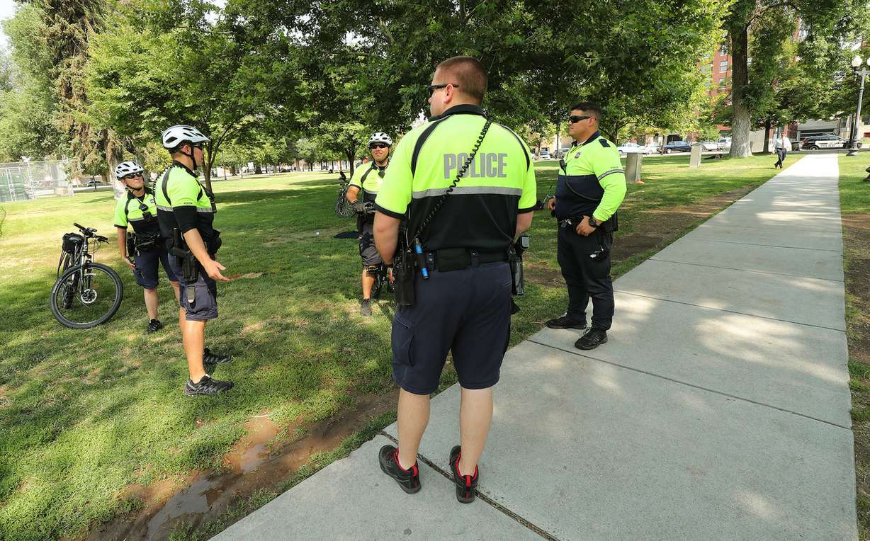 Salt Lake City Police patrol Pioneer Park in Salt Lake City on Wednesday, Aug. 1, 2018. The city announced plans to install a large lawn in the south-central portion of the park that will include a surrounding walkway, sports field and sports lighting. The construction will allow for events such as evening soccer leagues and concerts in the park. The Pioneer Park Coalition is contributing $300,000 toward construction. (Photo: Jeffrey D. Allred, KSL)