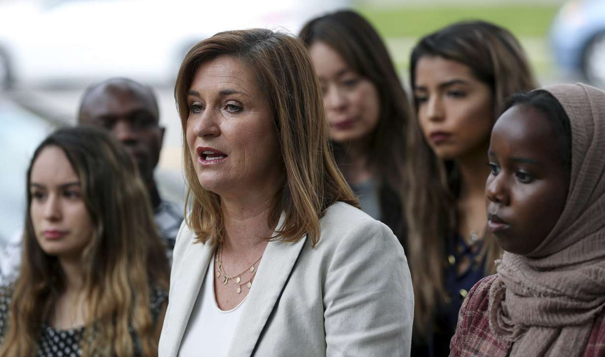 Surrounded by supporters Democratic U.S. Senate Candidate Jenny Wilson talks to the media during a press conference at the Sego Gallery in Salt Lake City on Thursday, Aug. 2, 2018. (Photo: Steve Griffin, KSL)