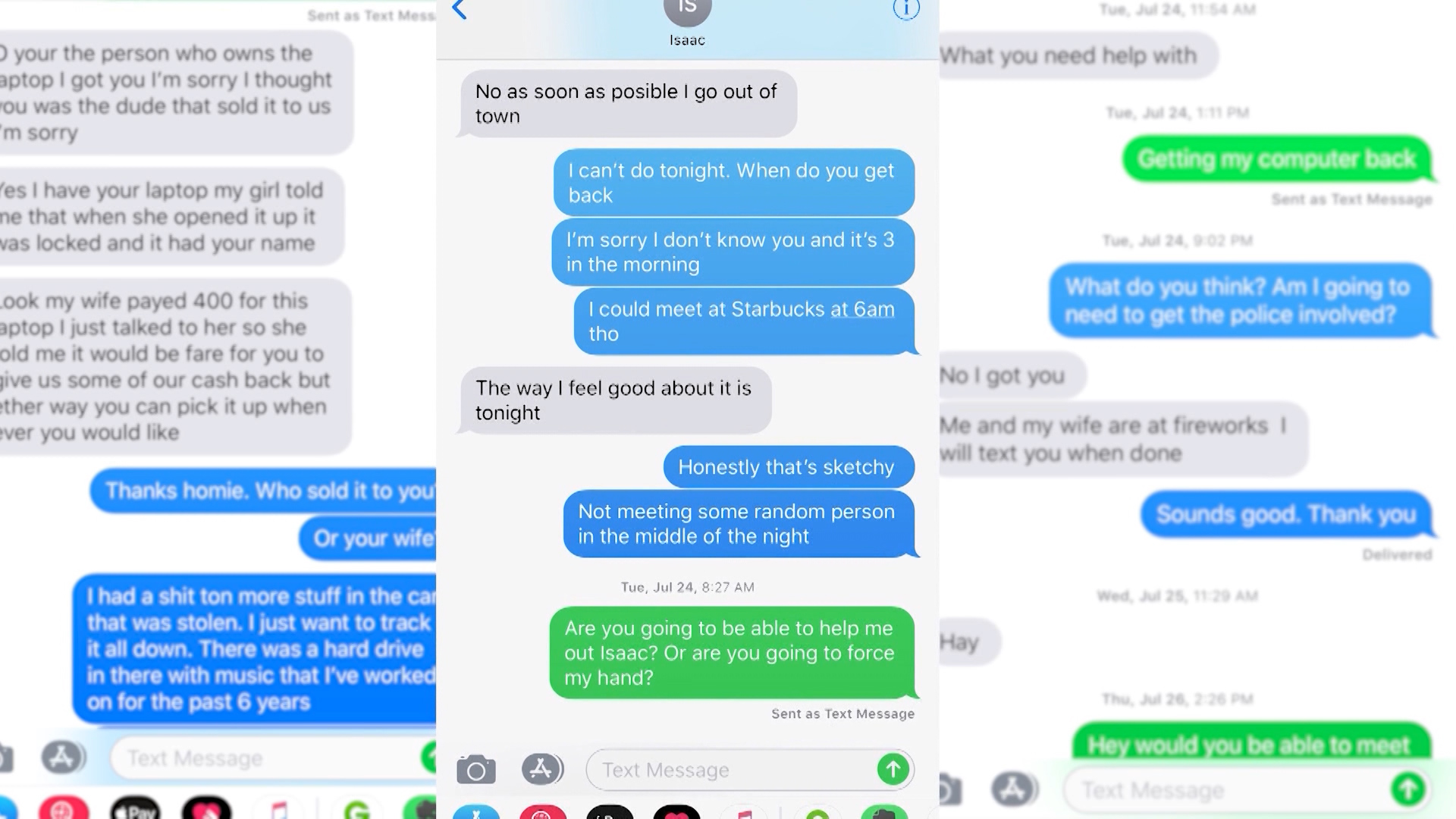 Text message threads are shown between Conner Van Skyhawk and a mysterious person who he claims tried to extort him for his personal belongings after his rental car was stolen from a Supersonic Car Wash, 672 S. West Temple, on Wednesday, July 11, 2018. (Photo: KSL TV)