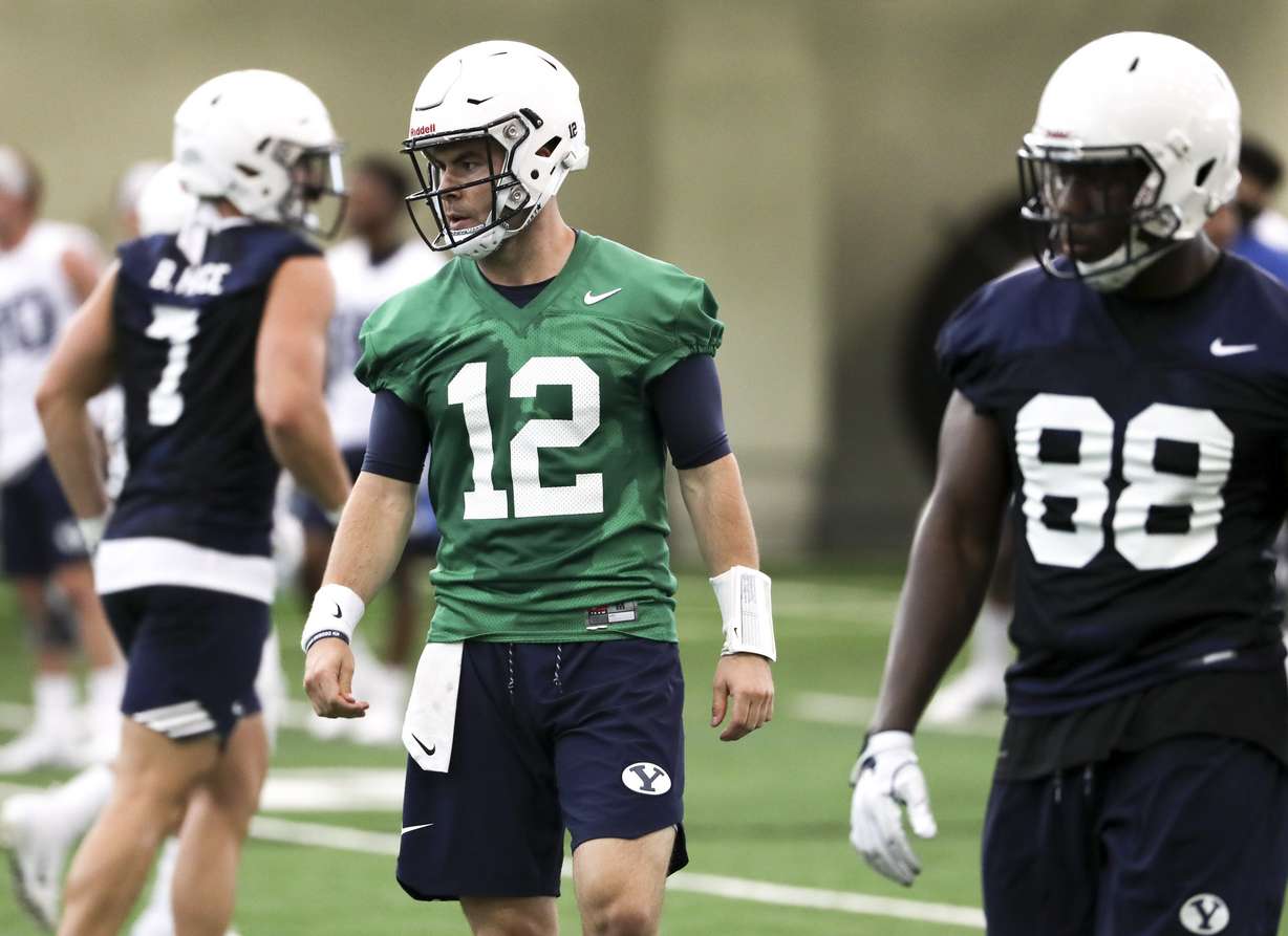 BYU quarterback Tanner Mangum walks to the line of scrimmage during football practice in Provo on Friday, Aug. 3, 2018. (Photo: Steve Griffin, Deseret News)