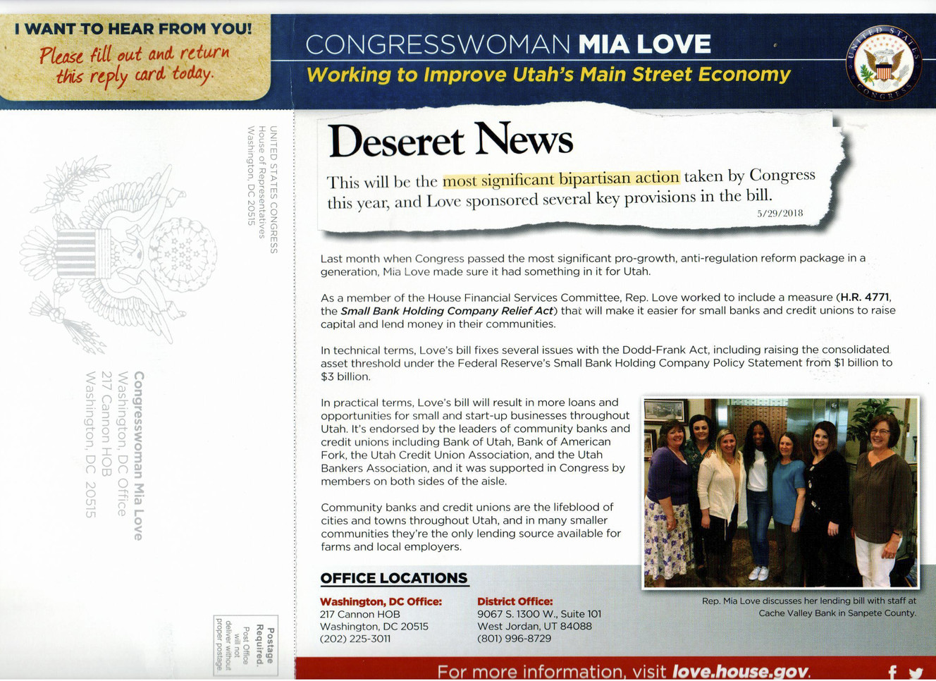A mailer sent by Rep. Mia Love, R-Utah, places the statement, "This will be the most significant bipartisan action taken by Congress this year, and Love sponsored several key provisions in the bill," under the Deseret News masthead. (Photo: Office of Rep. Mia Love)